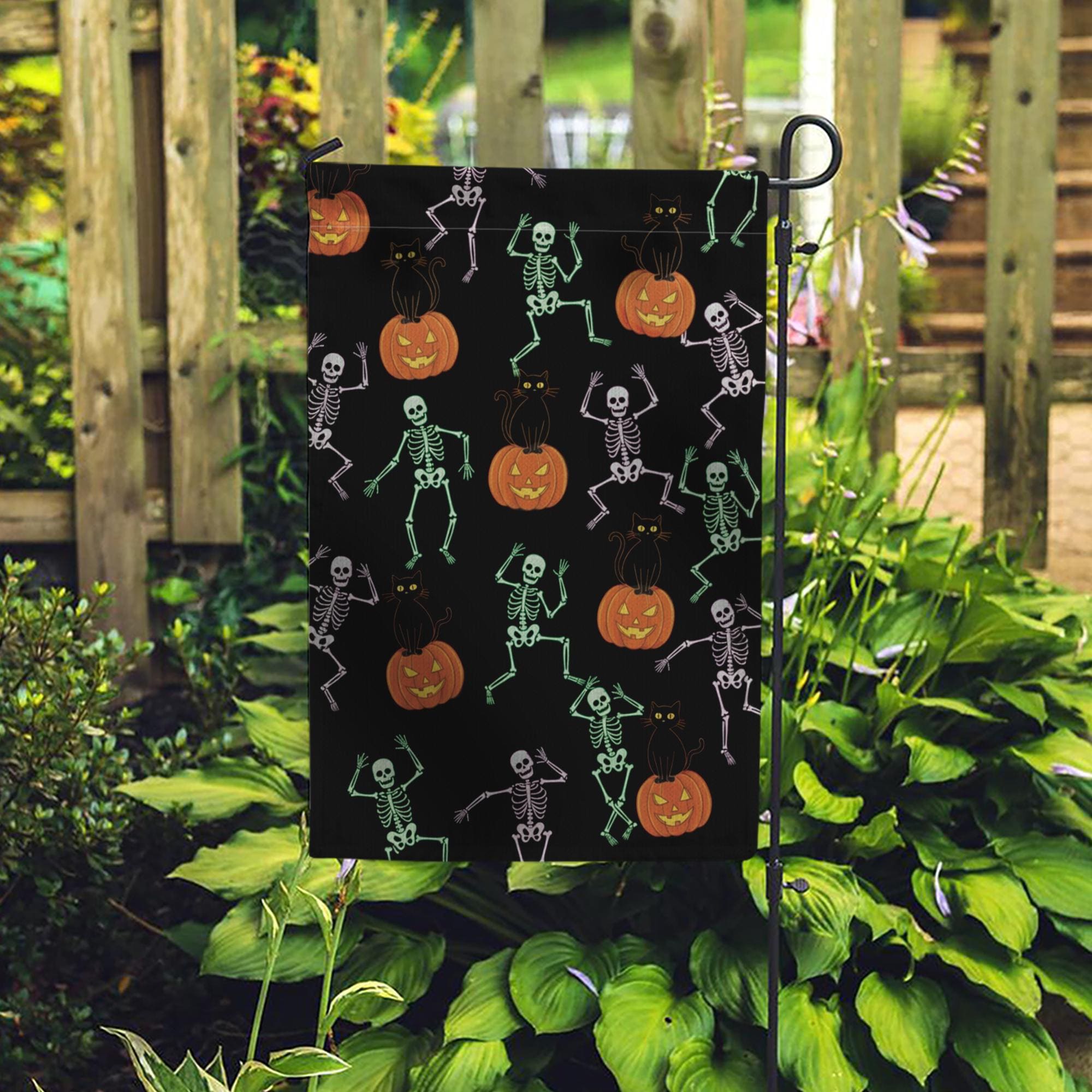 Halloween Garden Flag – Dancing Skeletons, Black Cats & Pumpkins Outdoor Yard Decoration