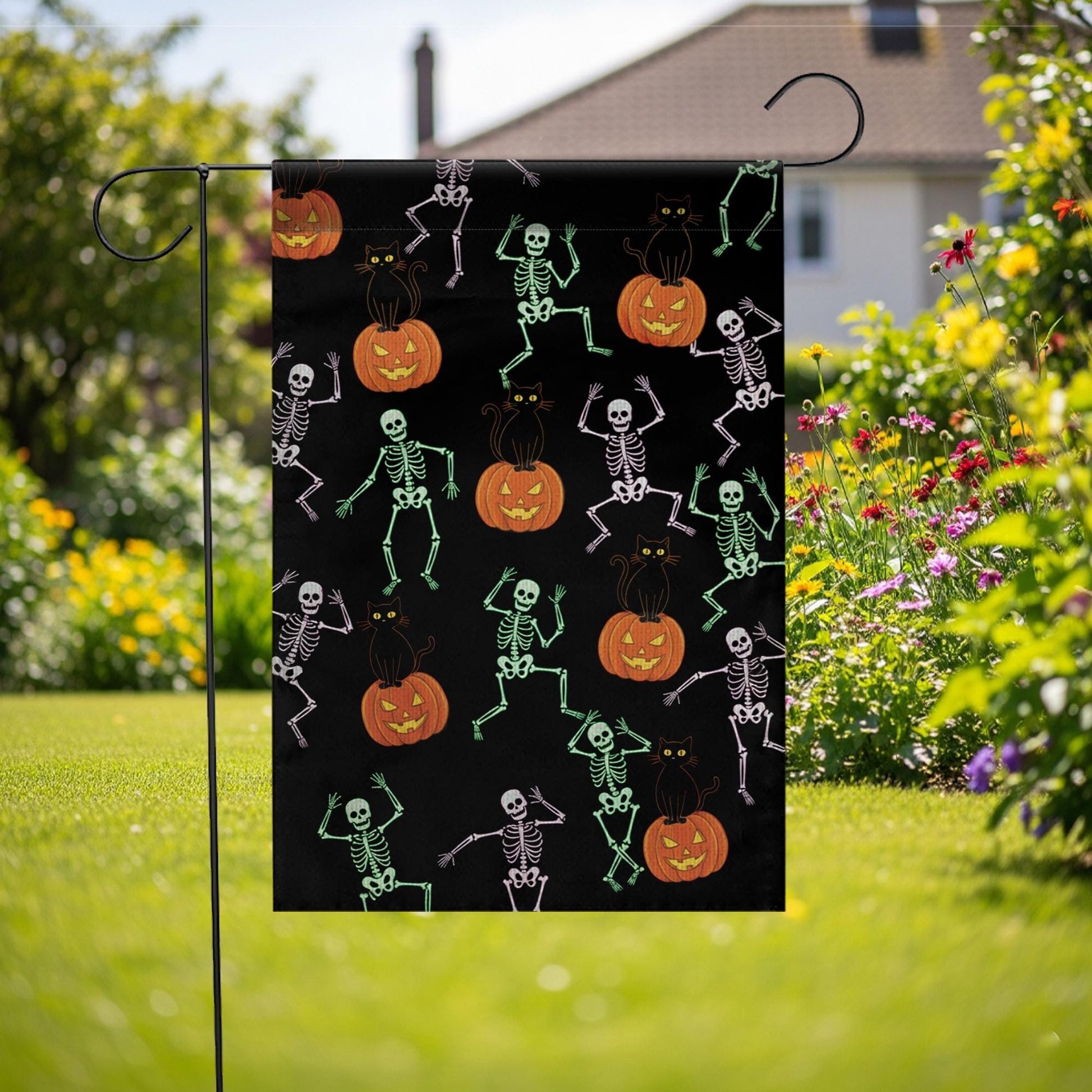 Halloween Garden Flag – Dancing Skeletons, Black Cats & Pumpkins Outdoor Yard Decoration