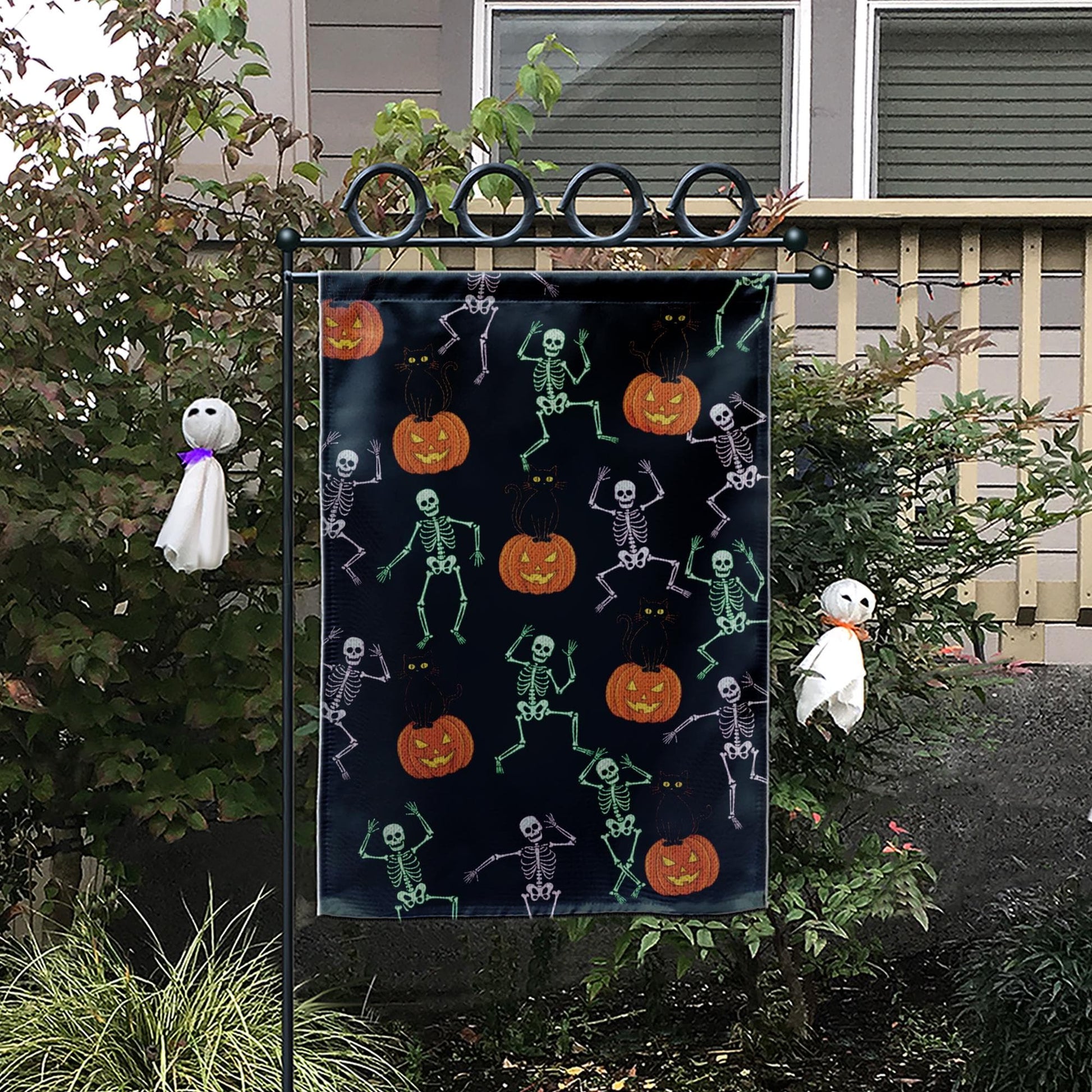 Halloween Garden Flag – Dancing Skeletons, Black Cats & Pumpkins Outdoor Yard Decoration