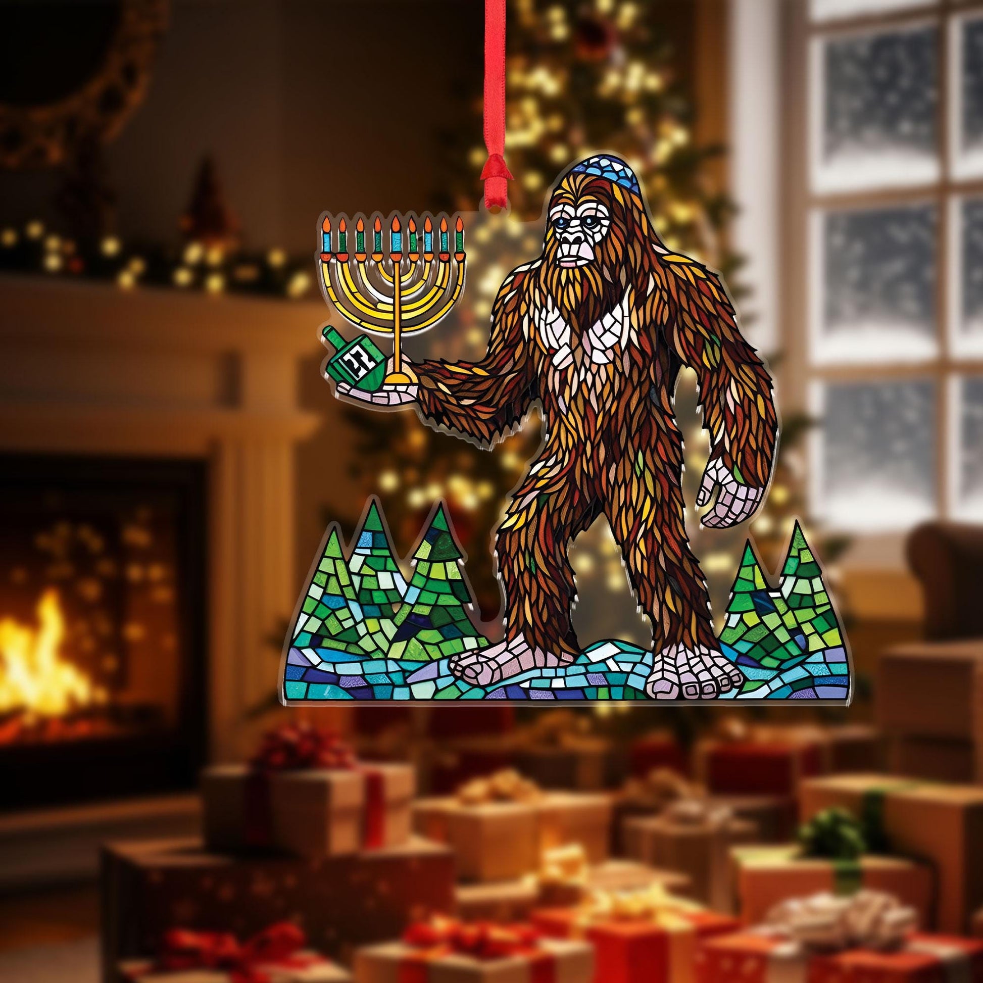 Bigfoot Hanukkah Menorah Ornament, Flat Acrylic 2D Holiday Decoration