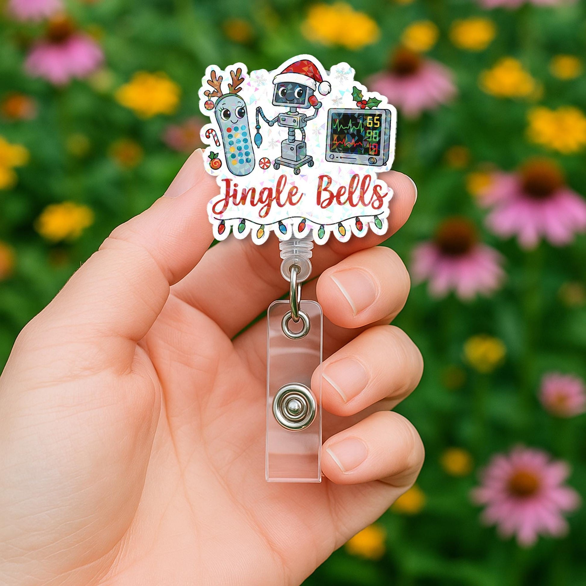 Holographic ‘Jingle Bells’ Badge Reel – Festive Robot Monitor Nurse ID Holder