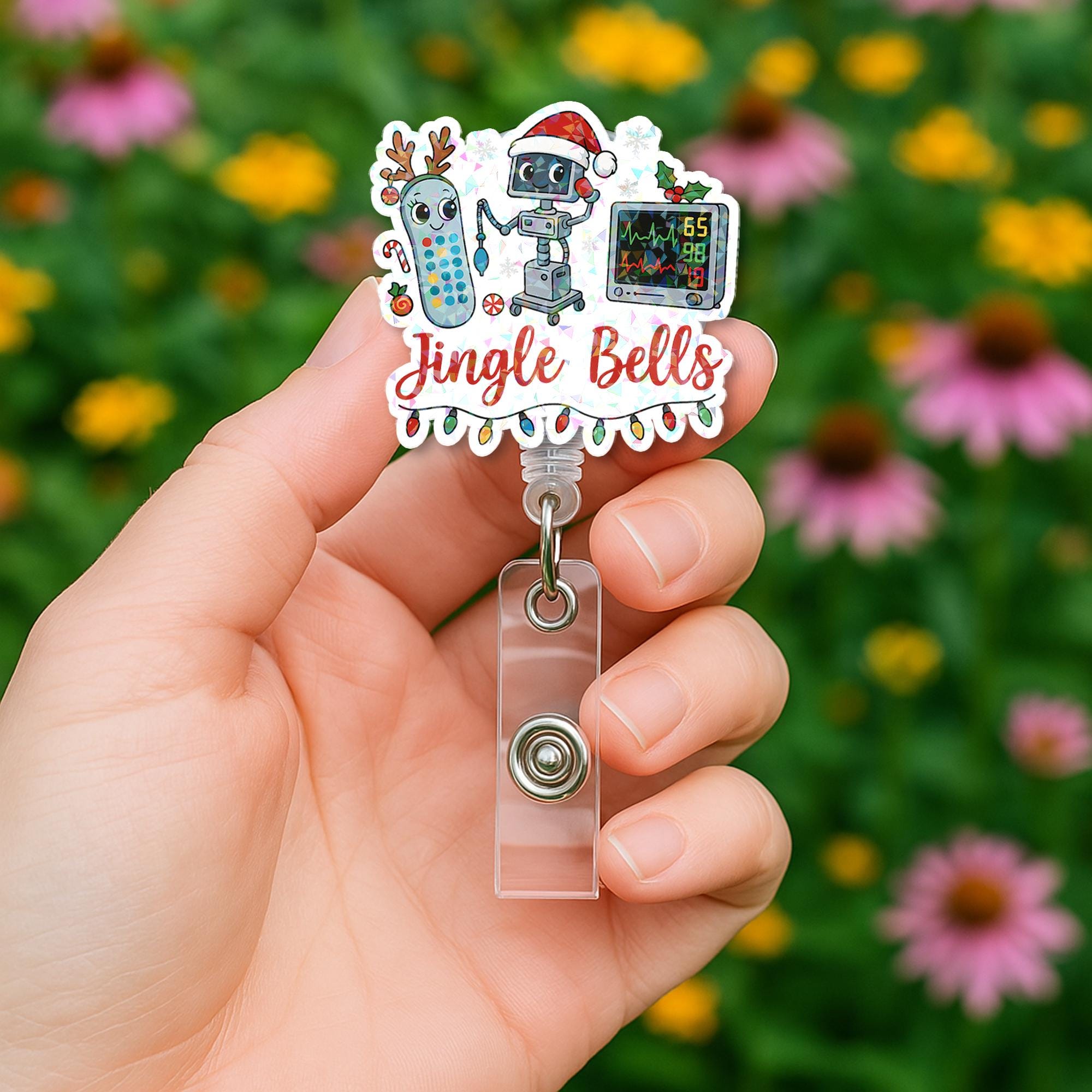 Holographic ‘Jingle Bells’ Badge Reel – Festive Robot Monitor Nurse ID Holder
