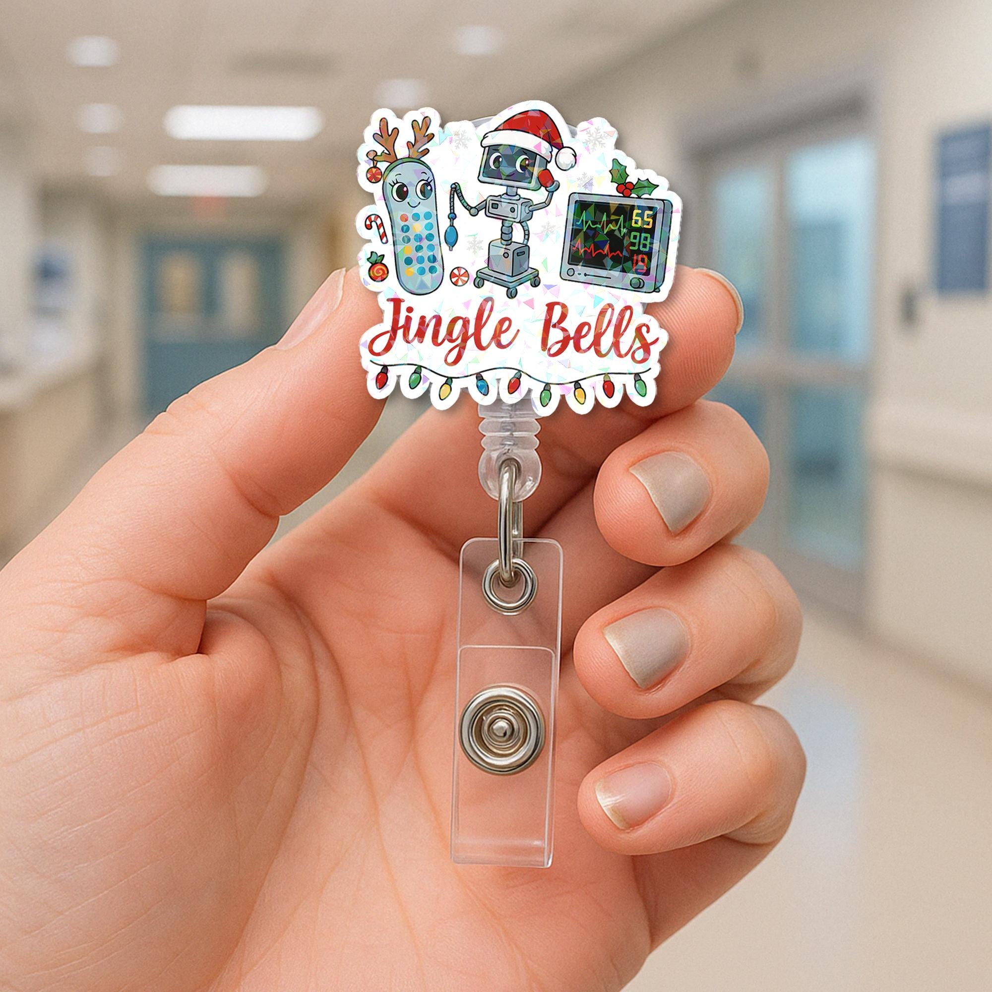 Holographic ‘Jingle Bells’ Badge Reel – Festive Robot Monitor Nurse ID Holder