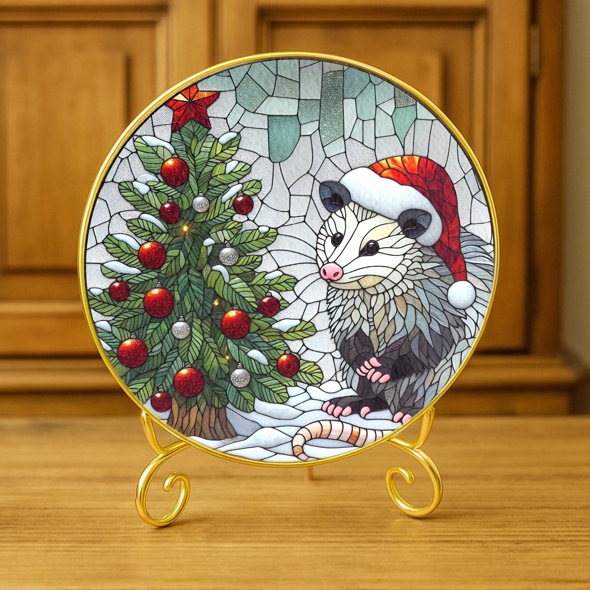 Opossum Christmas Glass Plate with Gold Frame – Holiday Animal Decor