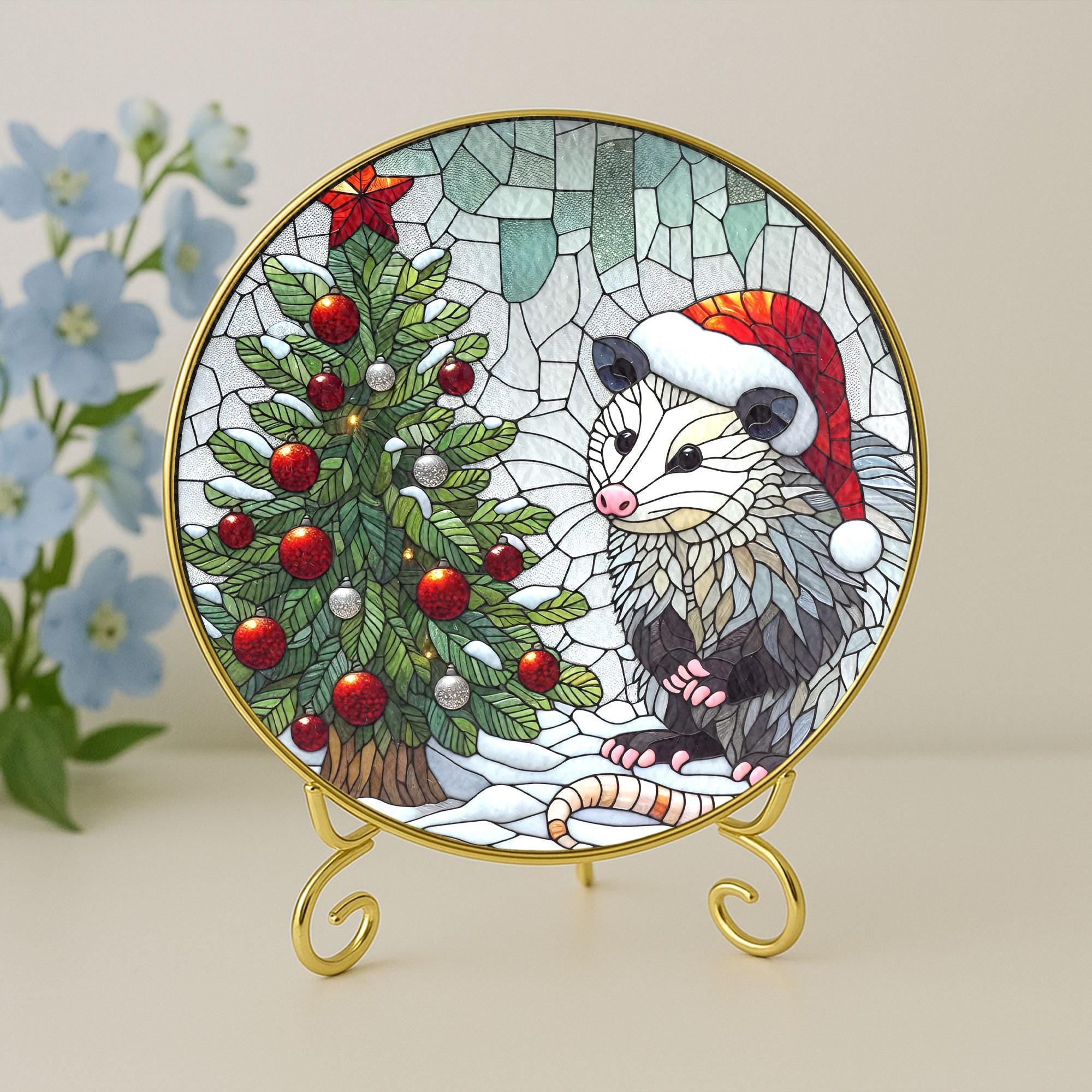 Opossum Christmas Glass Plate with Gold Frame – Holiday Animal Decor