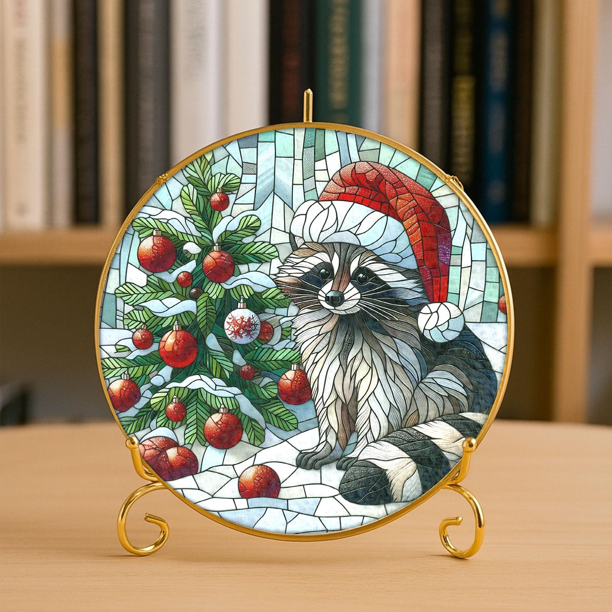 Raccoon Christmas Glass Sun Catcher with Gold Frame – Holiday Window Hanging Decor