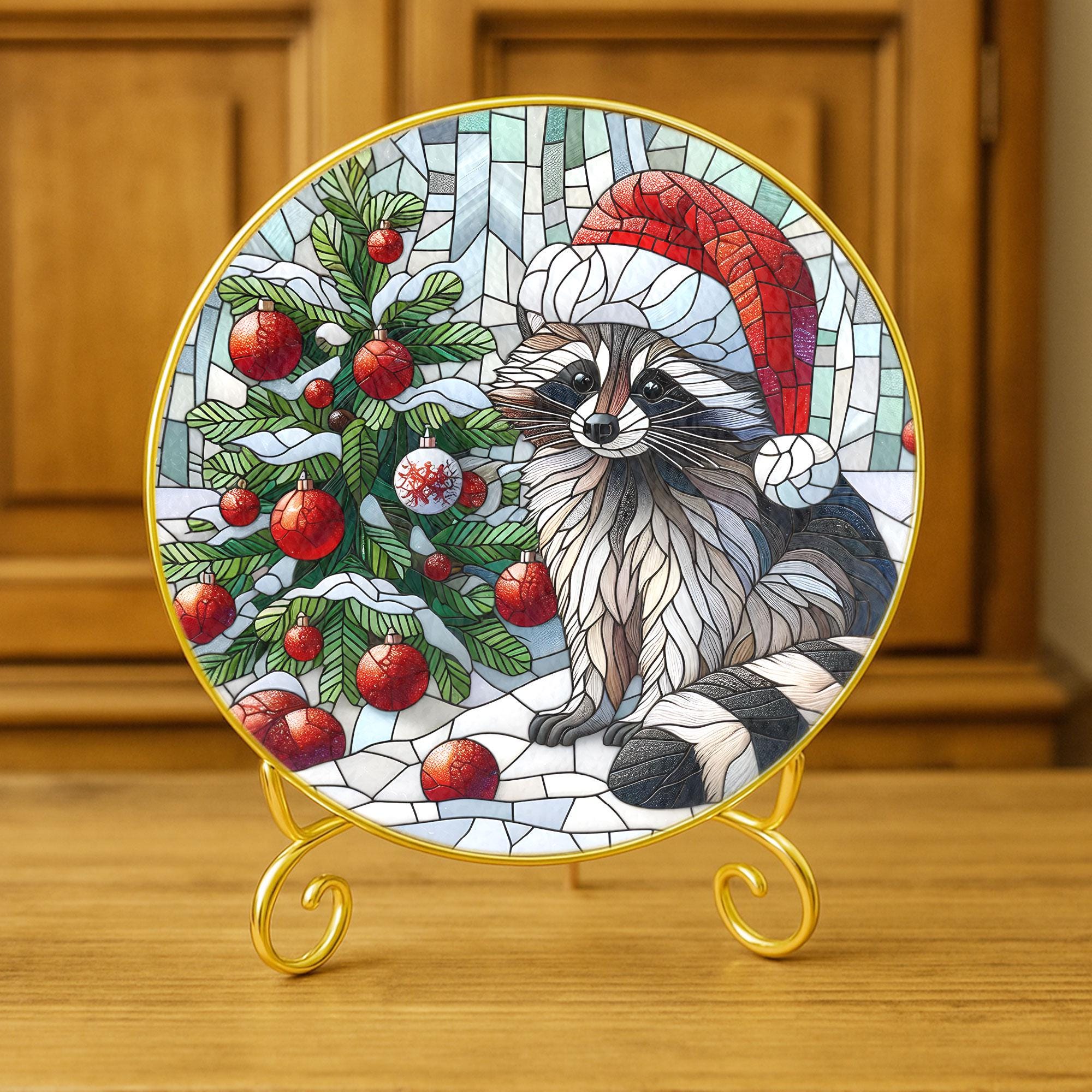 Raccoon Christmas Glass Sun Catcher with Gold Frame – Holiday Window Hanging Decor