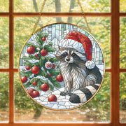 Raccoon Christmas Glass Sun Catcher with Gold Frame – Holiday Window Hanging Decor