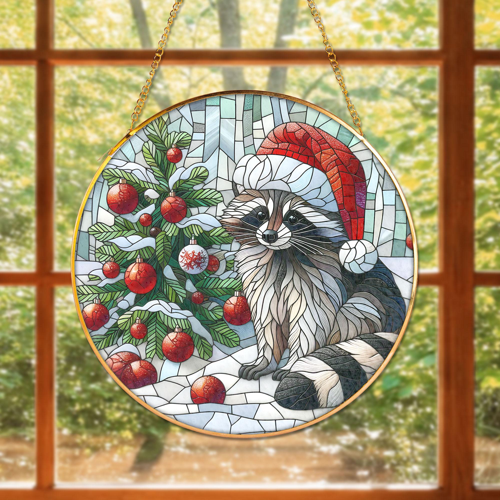 Raccoon Christmas Glass Sun Catcher with Gold Frame – Holiday Window Hanging Decor