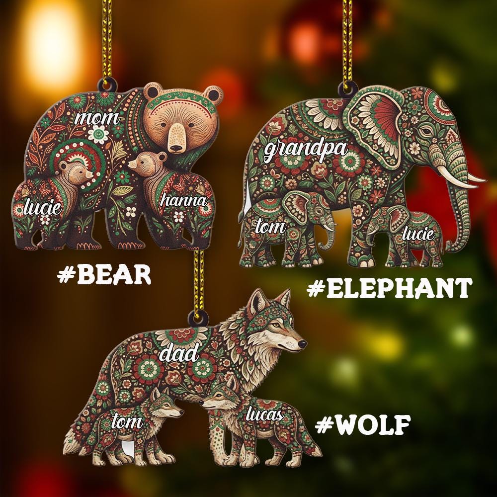Personalized Family Animal Christmas Ornament: Bear, Elephant & Wolf