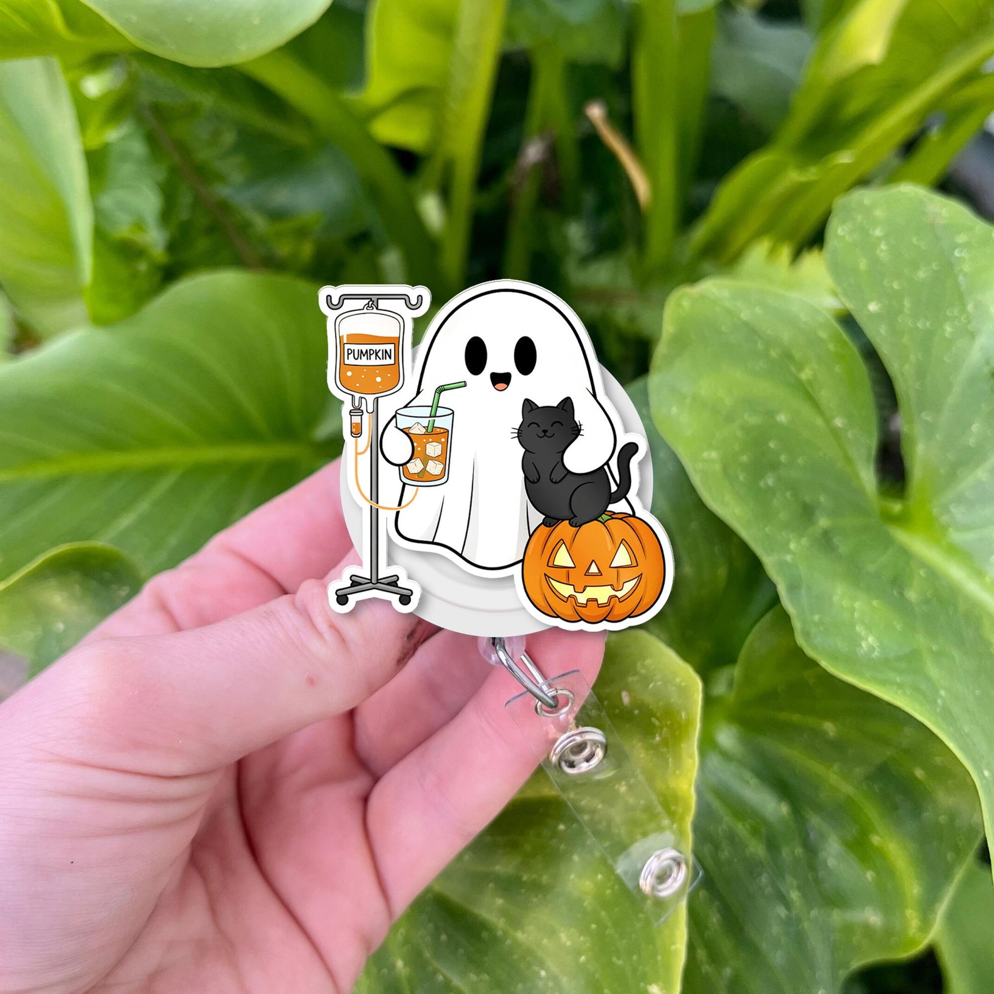 Halloween Badge Reel: Ghost, Pumpkin, Cat - Spooky ID Holder