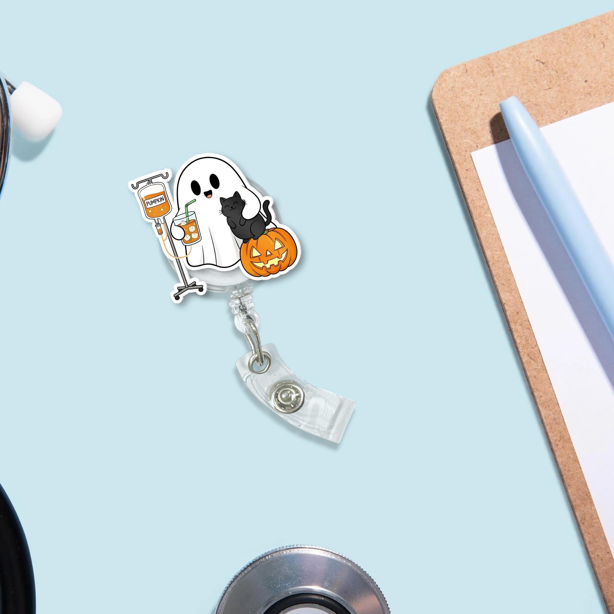 Halloween Badge Reel: Ghost, Pumpkin, Cat - Spooky ID Holder