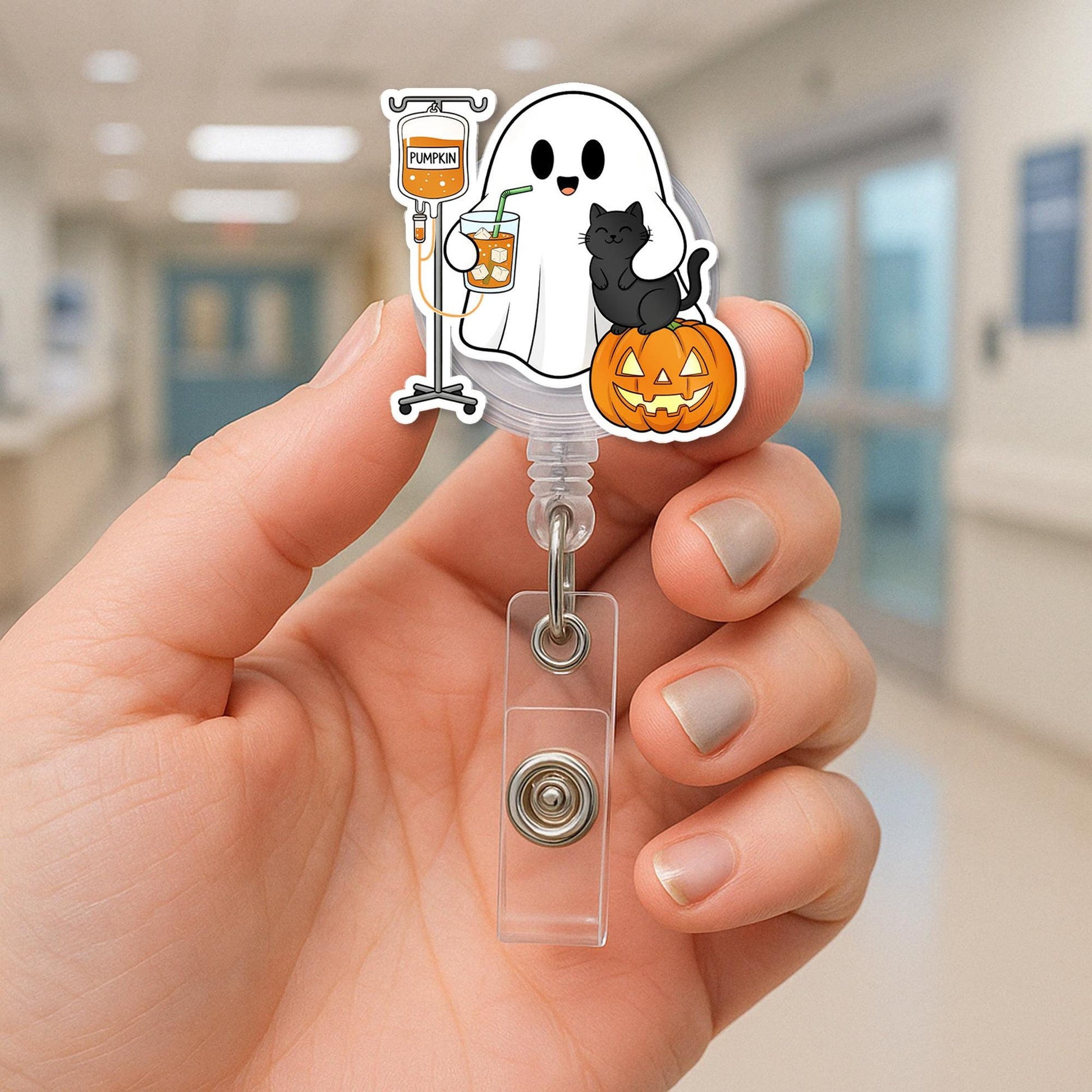 Halloween Badge Reel: Ghost, Pumpkin, Cat - Spooky ID Holder