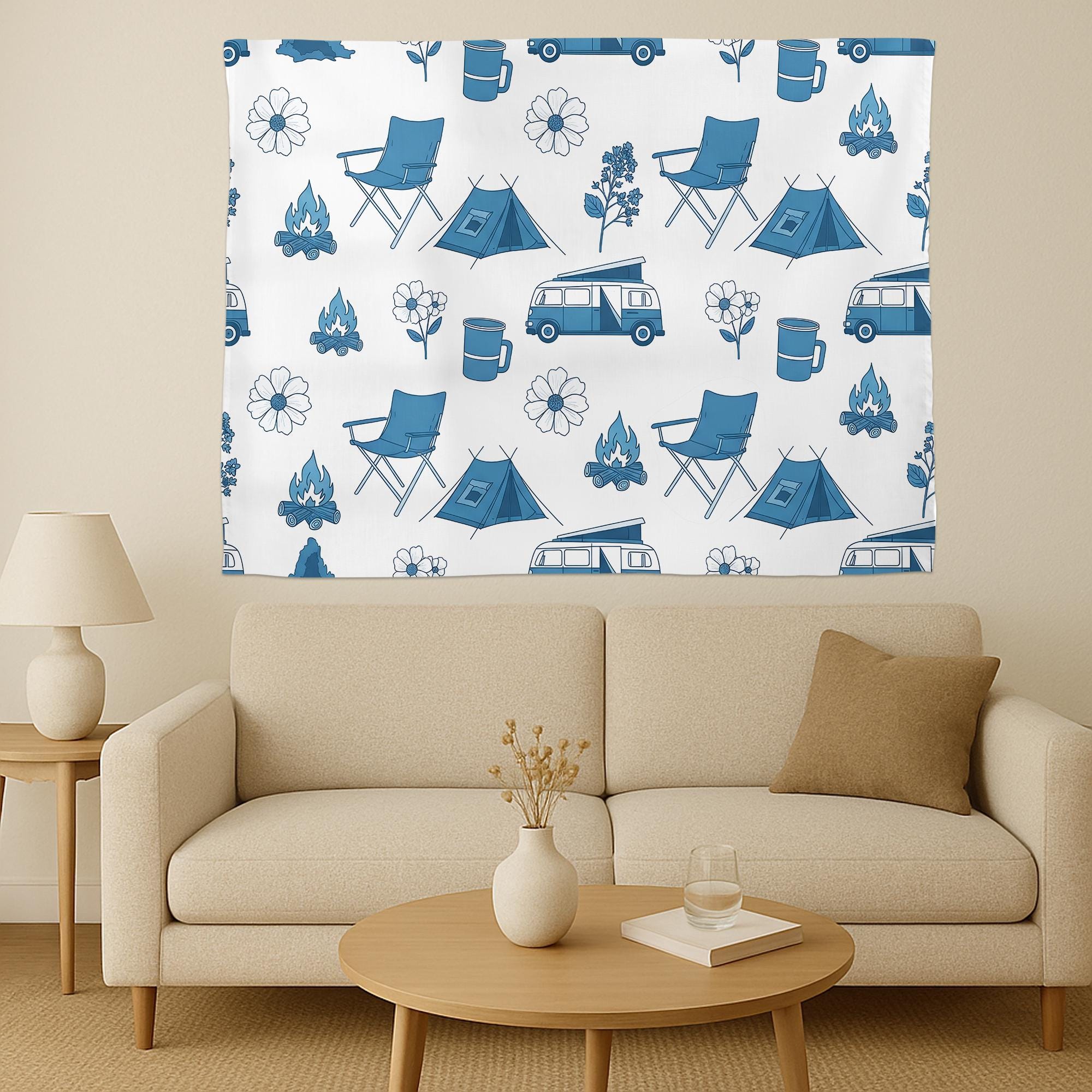 Camping Van Tapestry, Boho Adventure Wall Hanging, Minimalist Outdoorsy Decor for Dorm & Living Room, Camper and Tent Pattern Art
