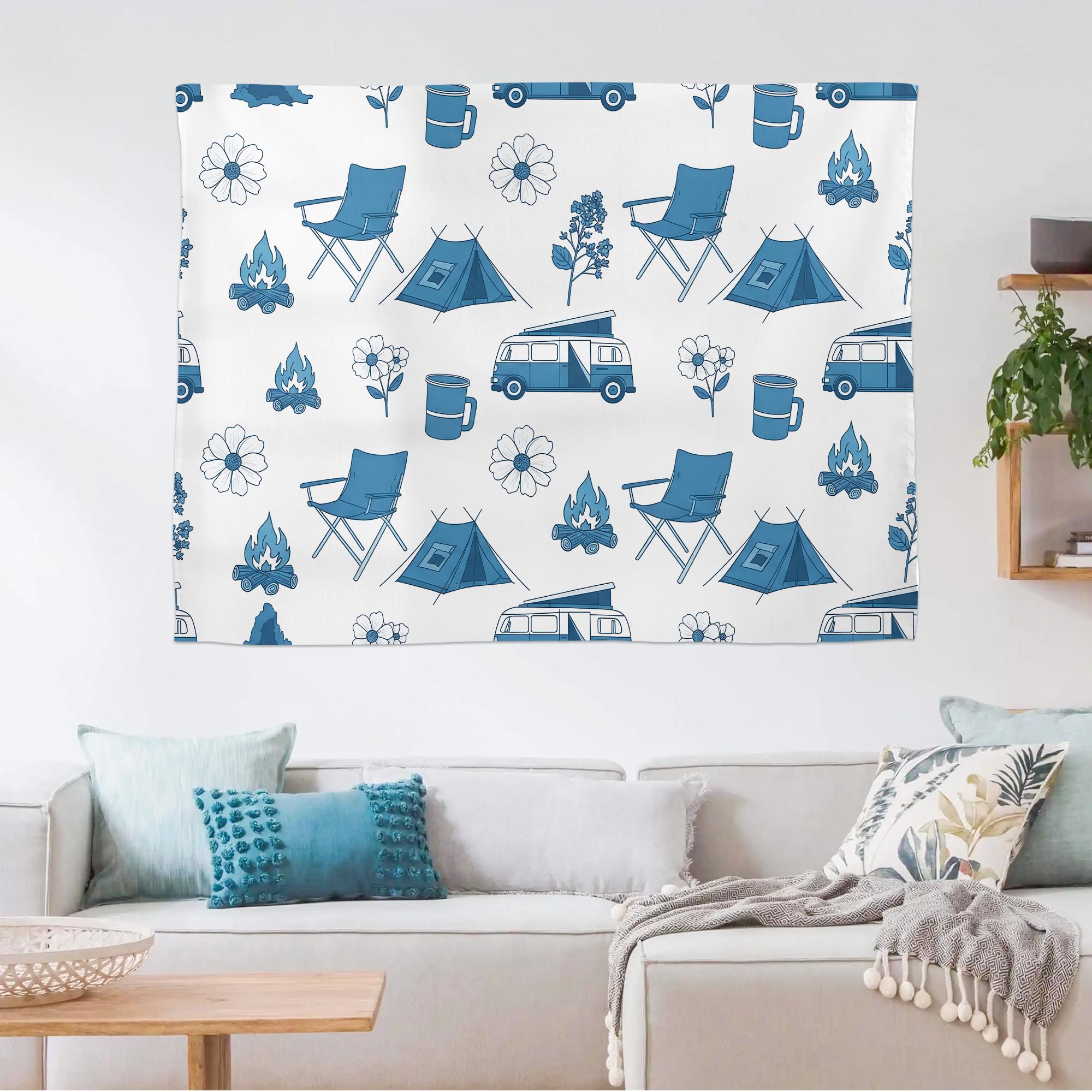 Camping Van Tapestry, Boho Adventure Wall Hanging, Minimalist Outdoorsy Decor for Dorm & Living Room, Camper and Tent Pattern Art