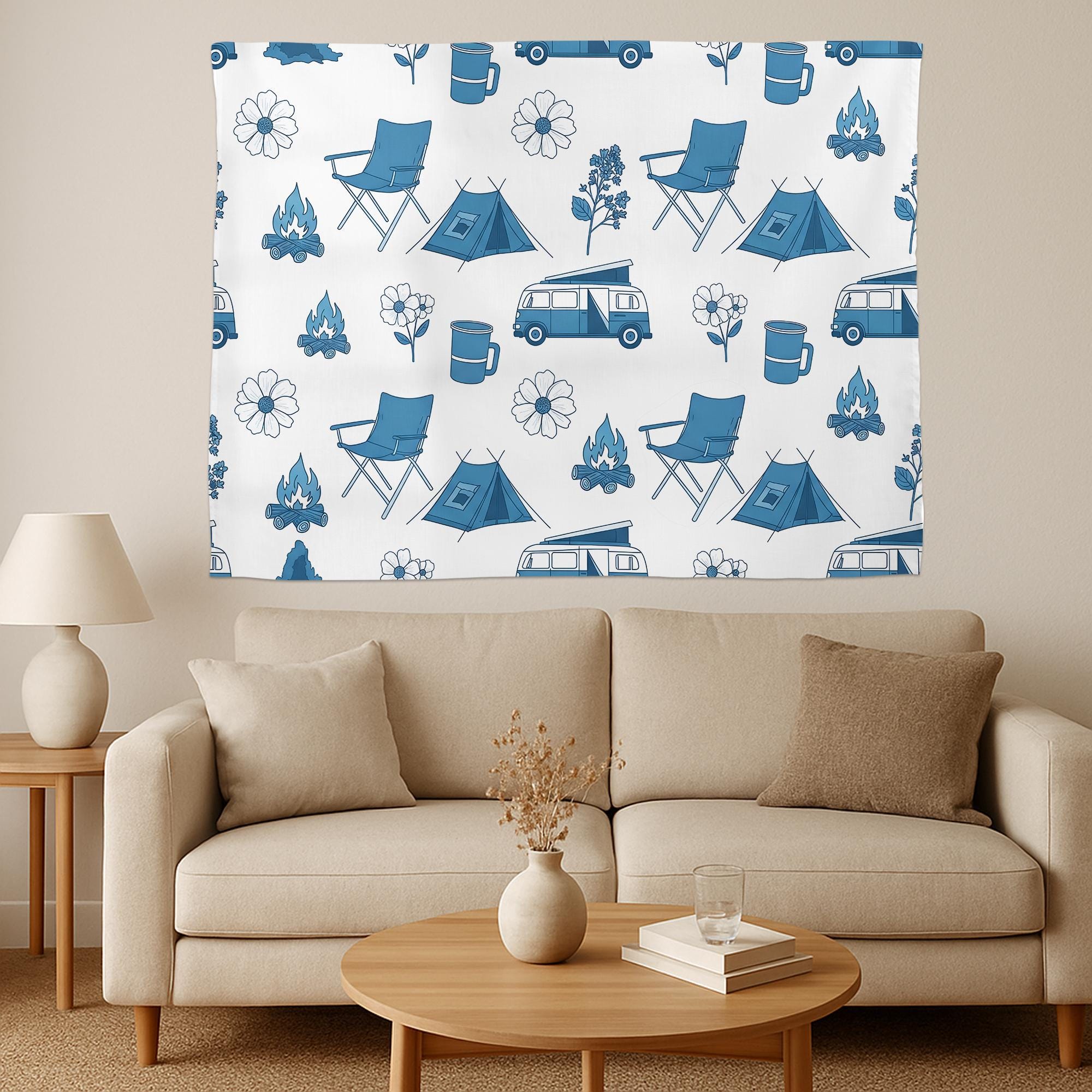 Camping Van Tapestry, Boho Adventure Wall Hanging, Minimalist Outdoorsy Decor for Dorm & Living Room, Camper and Tent Pattern Art