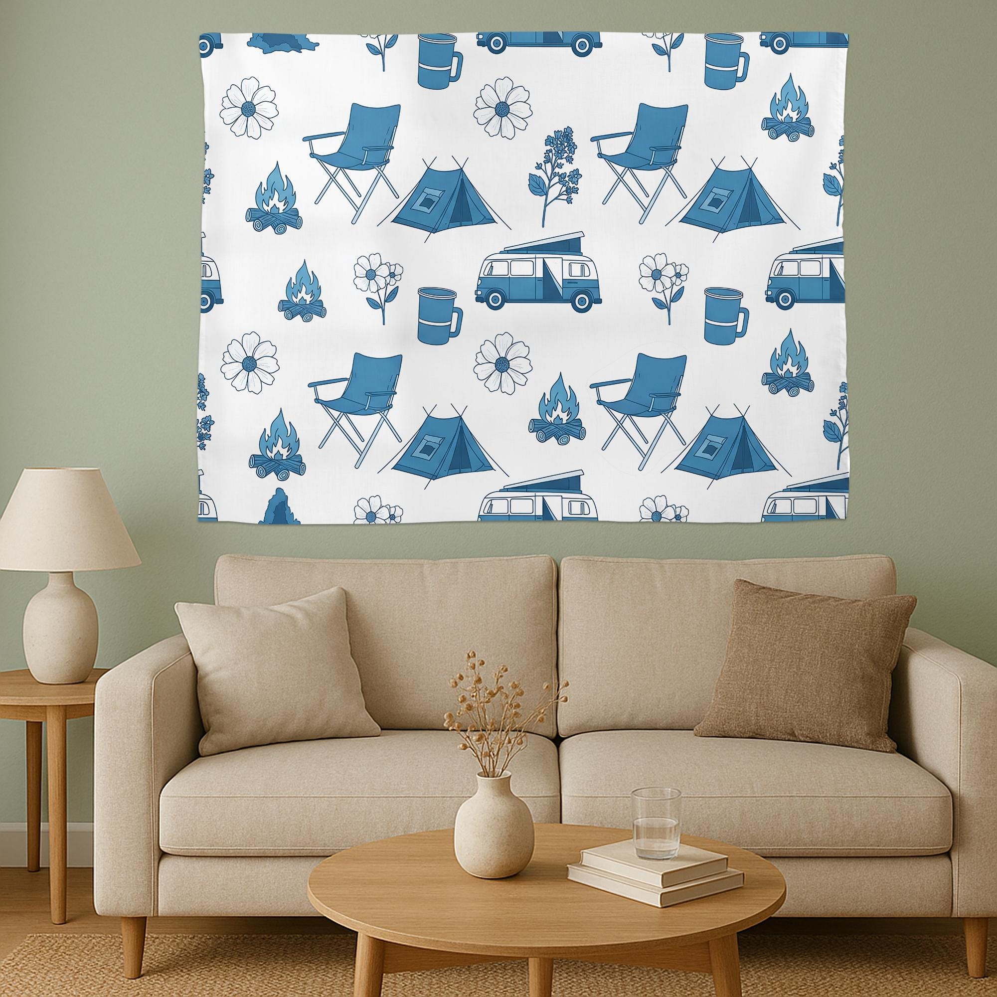 Camping Van Tapestry, Boho Adventure Wall Hanging, Minimalist Outdoorsy Decor for Dorm & Living Room, Camper and Tent Pattern Art