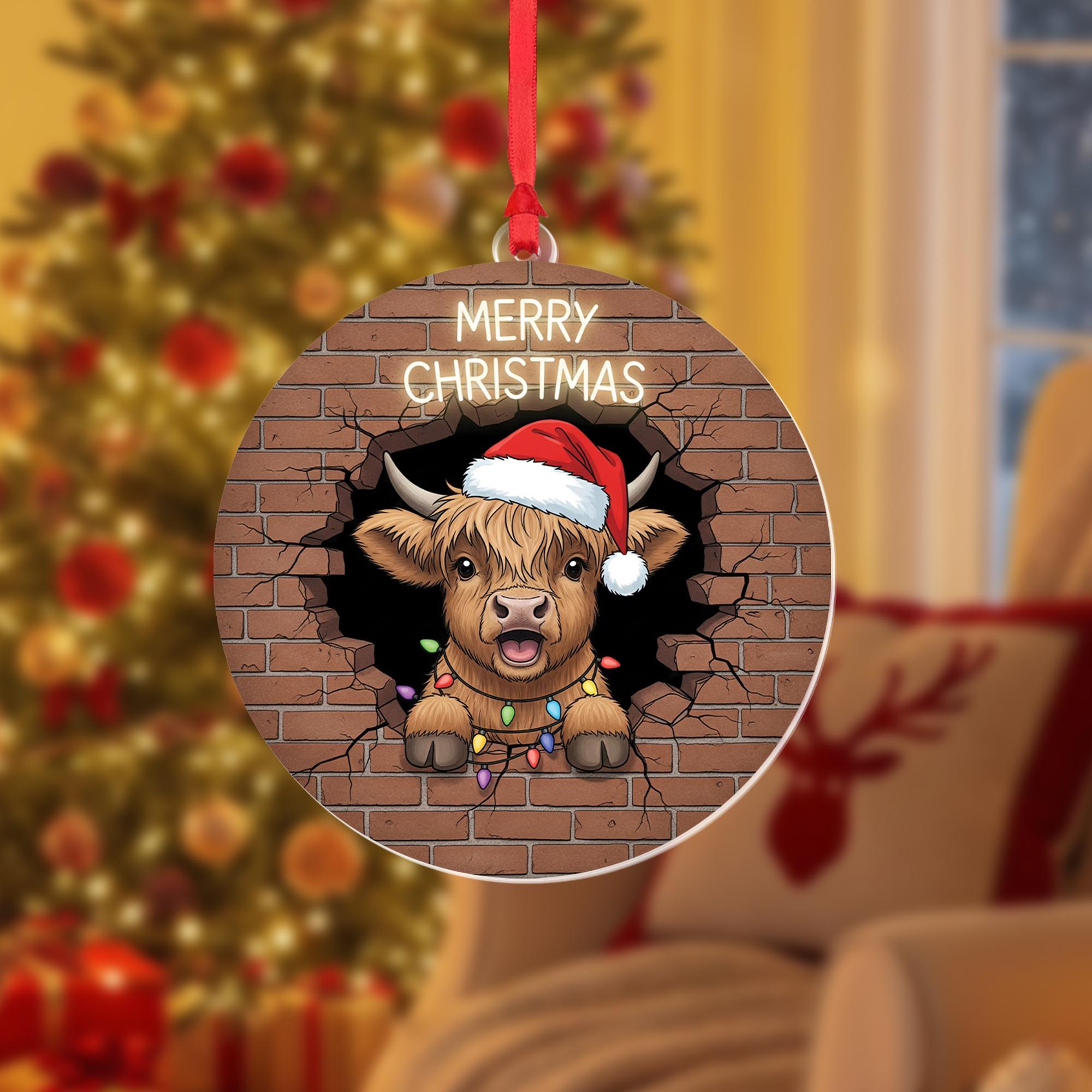 Highland Cow Christmas Ornament, Cute Farm Animal Holiday Decor, Funny Cow Ornament with Santa Hat, Rustic Country Christmas Gift