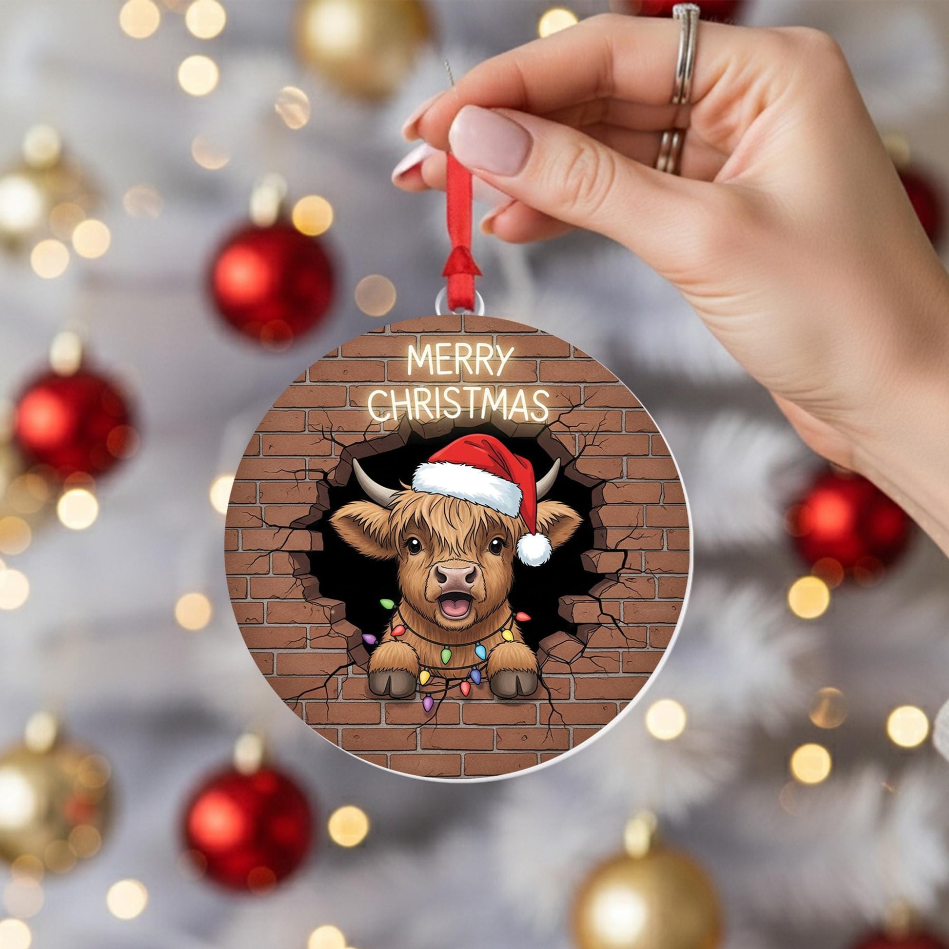 Highland Cow Christmas Ornament, Cute Farm Animal Holiday Decor, Funny Cow Ornament with Santa Hat, Rustic Country Christmas Gift