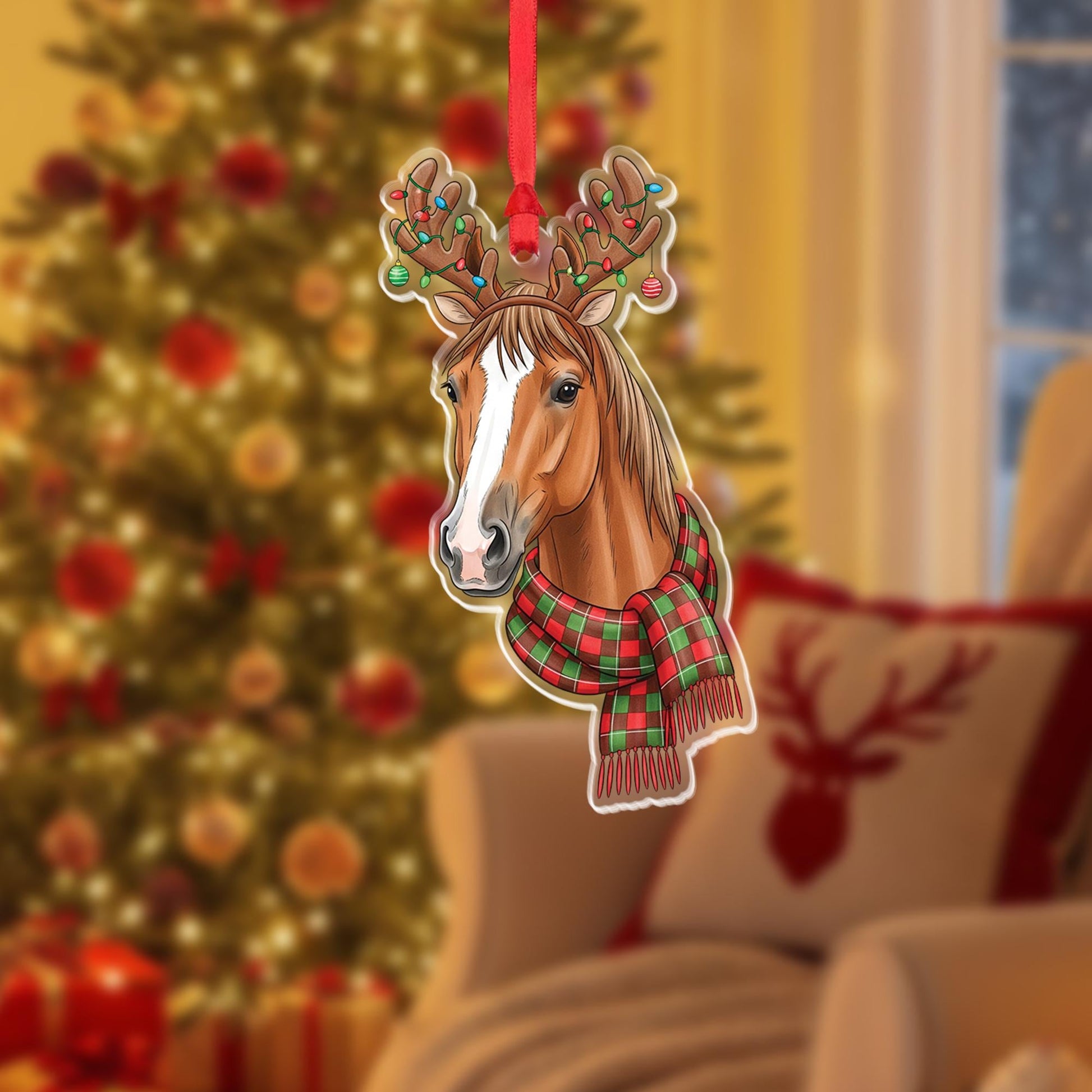 Horse Christmas Ornament, Funny Holiday Decor with Antlers & Scarf, Farm Animal Ornament, Equestrian Gift, Rustic Country Christmas