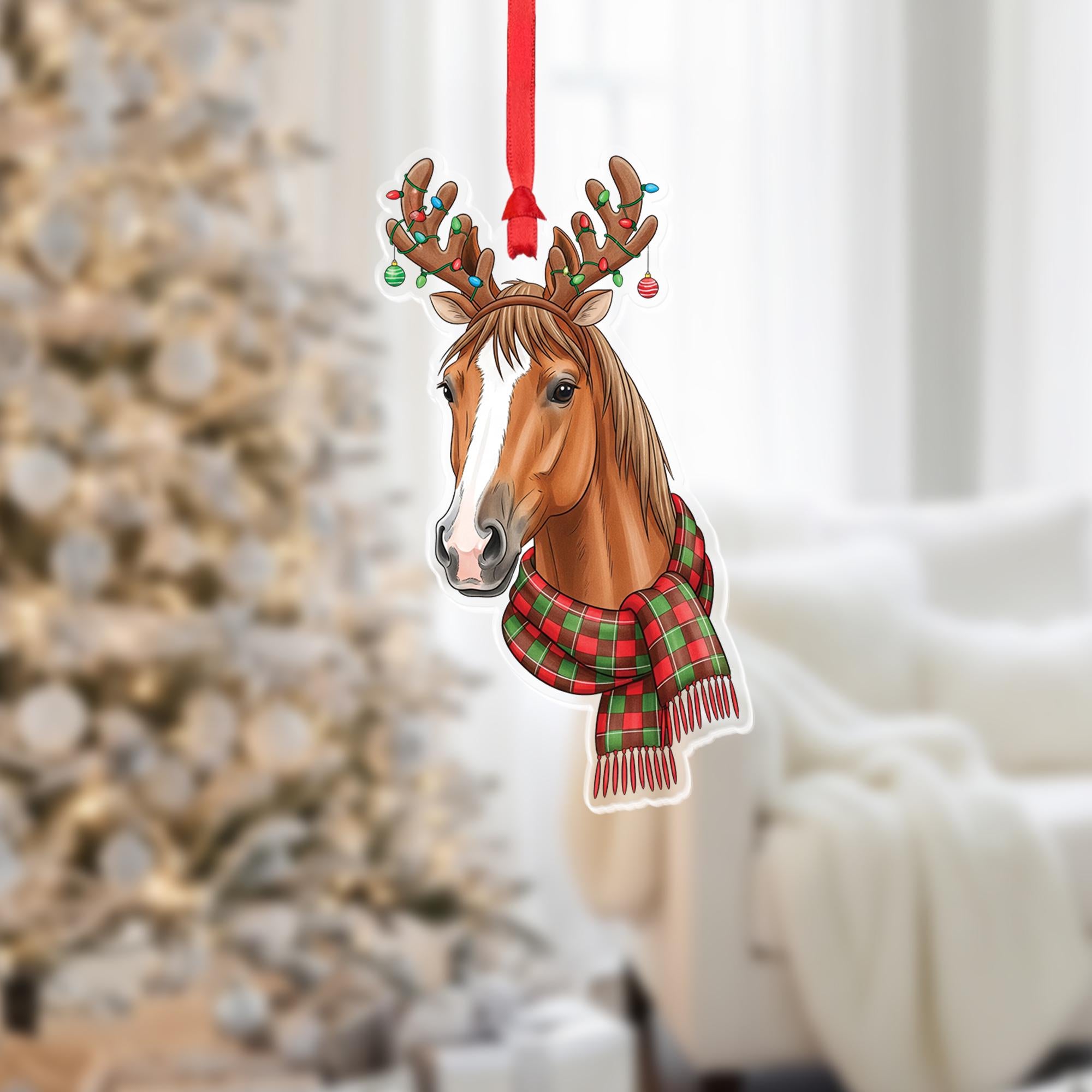 Horse Christmas Ornament, Funny Holiday Decor with Antlers & Scarf, Farm Animal Ornament, Equestrian Gift, Rustic Country Christmas