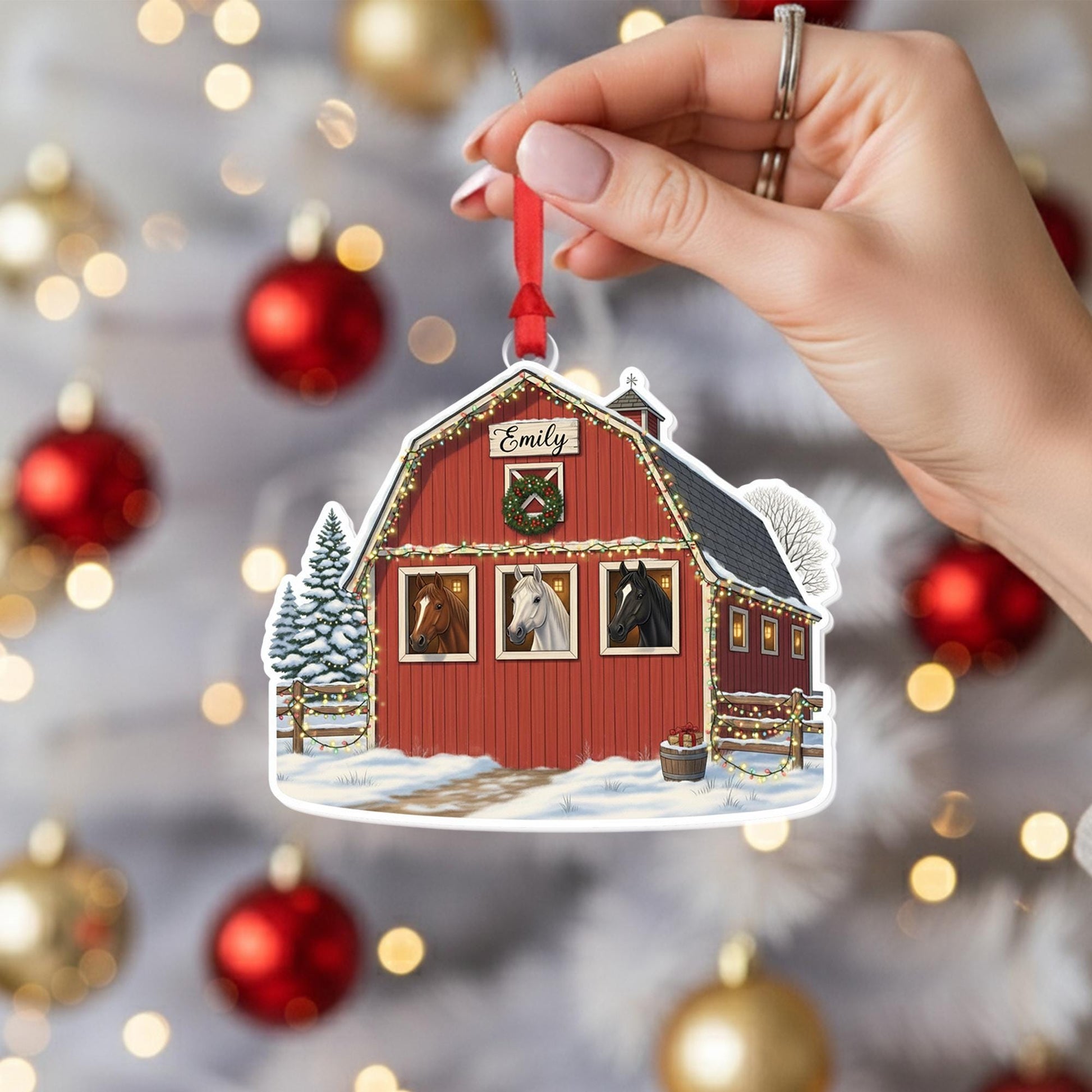Personalized Horse Barn Ornament, Custom Equestrian Christmas Gift, Farmhouse Holiday Decor, Rustic Barn Ornament with Horses