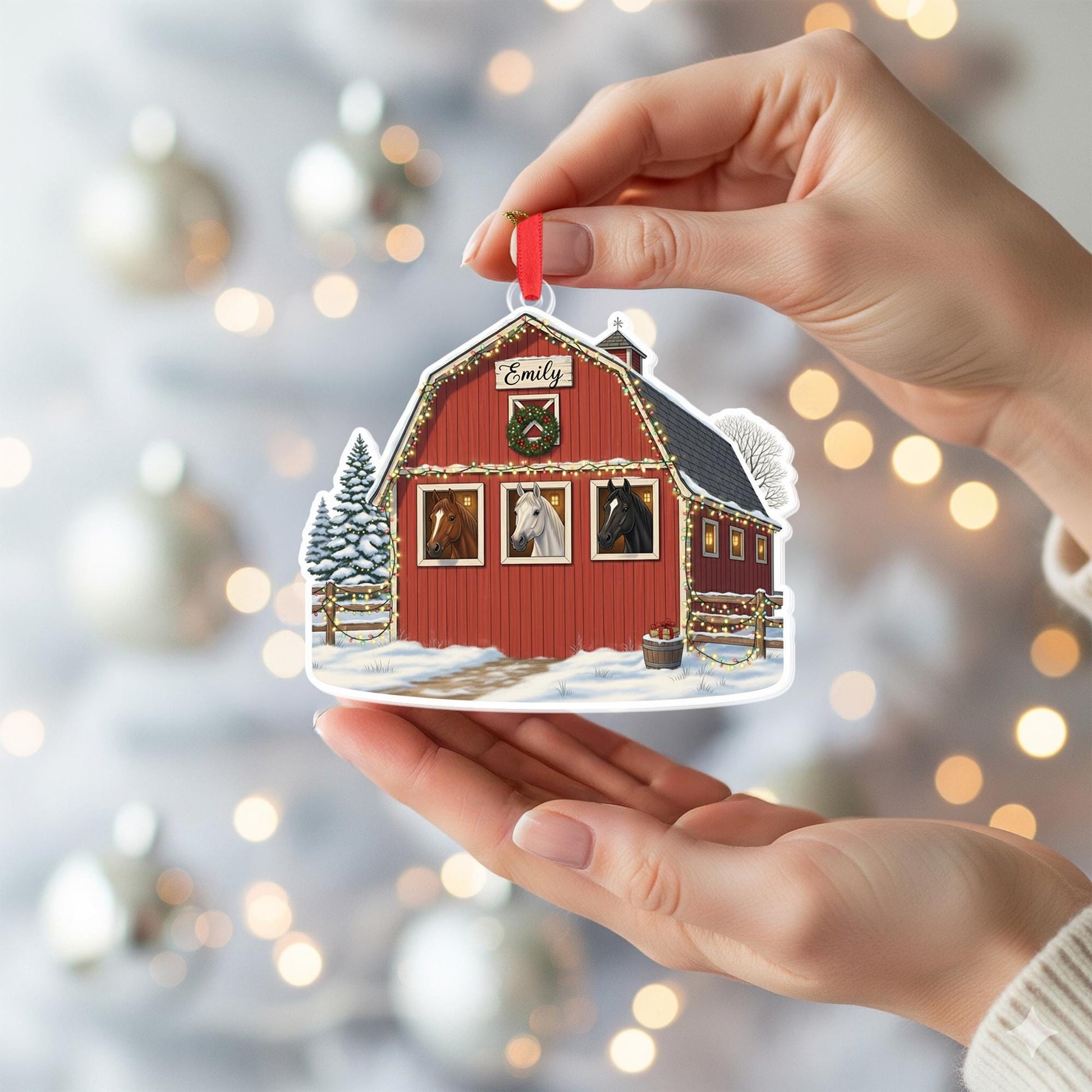 Personalized Horse Barn Ornament, Custom Equestrian Christmas Gift, Farmhouse Holiday Decor, Rustic Barn Ornament with Horses