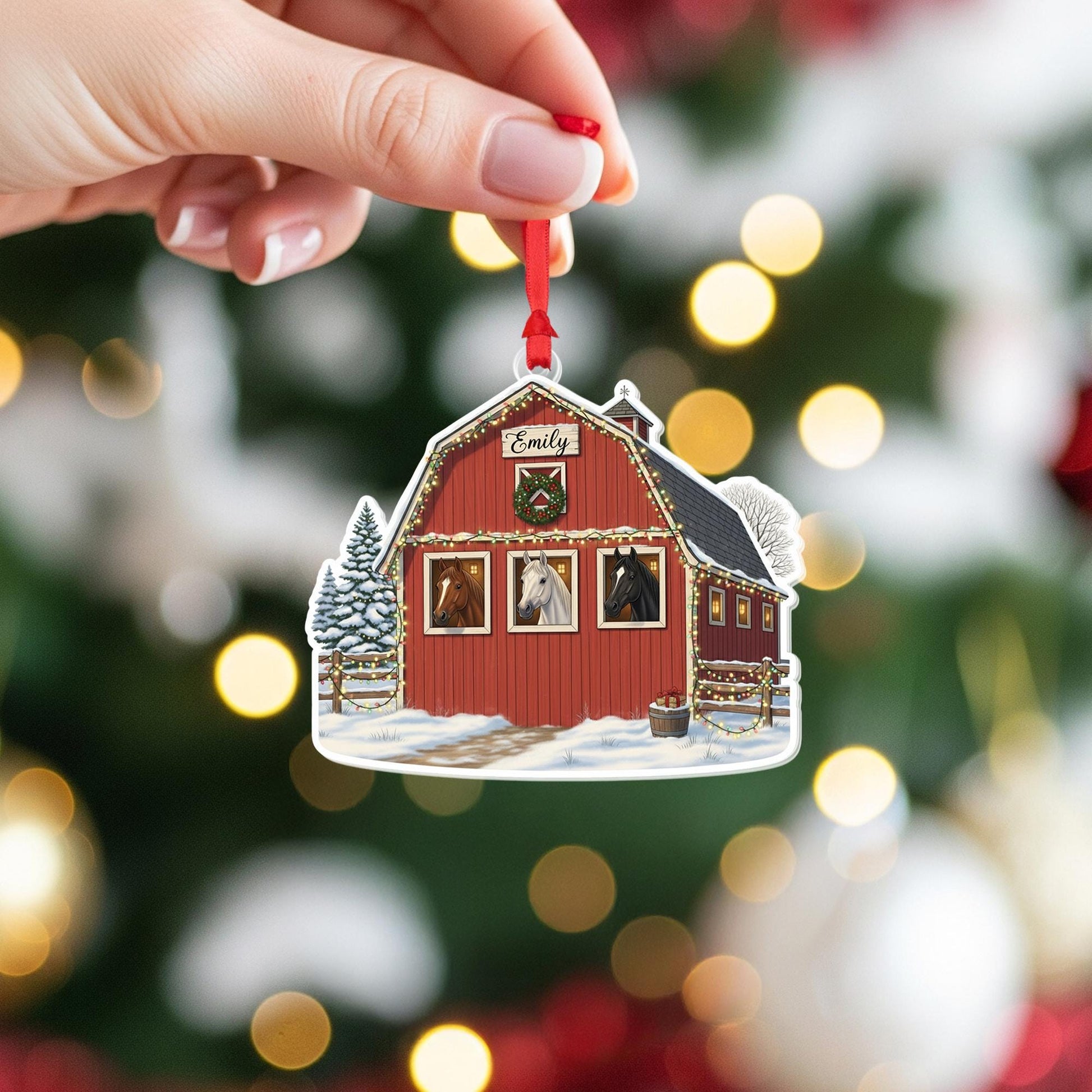 Personalized Horse Barn Ornament, Custom Equestrian Christmas Gift, Farmhouse Holiday Decor, Rustic Barn Ornament with Horses