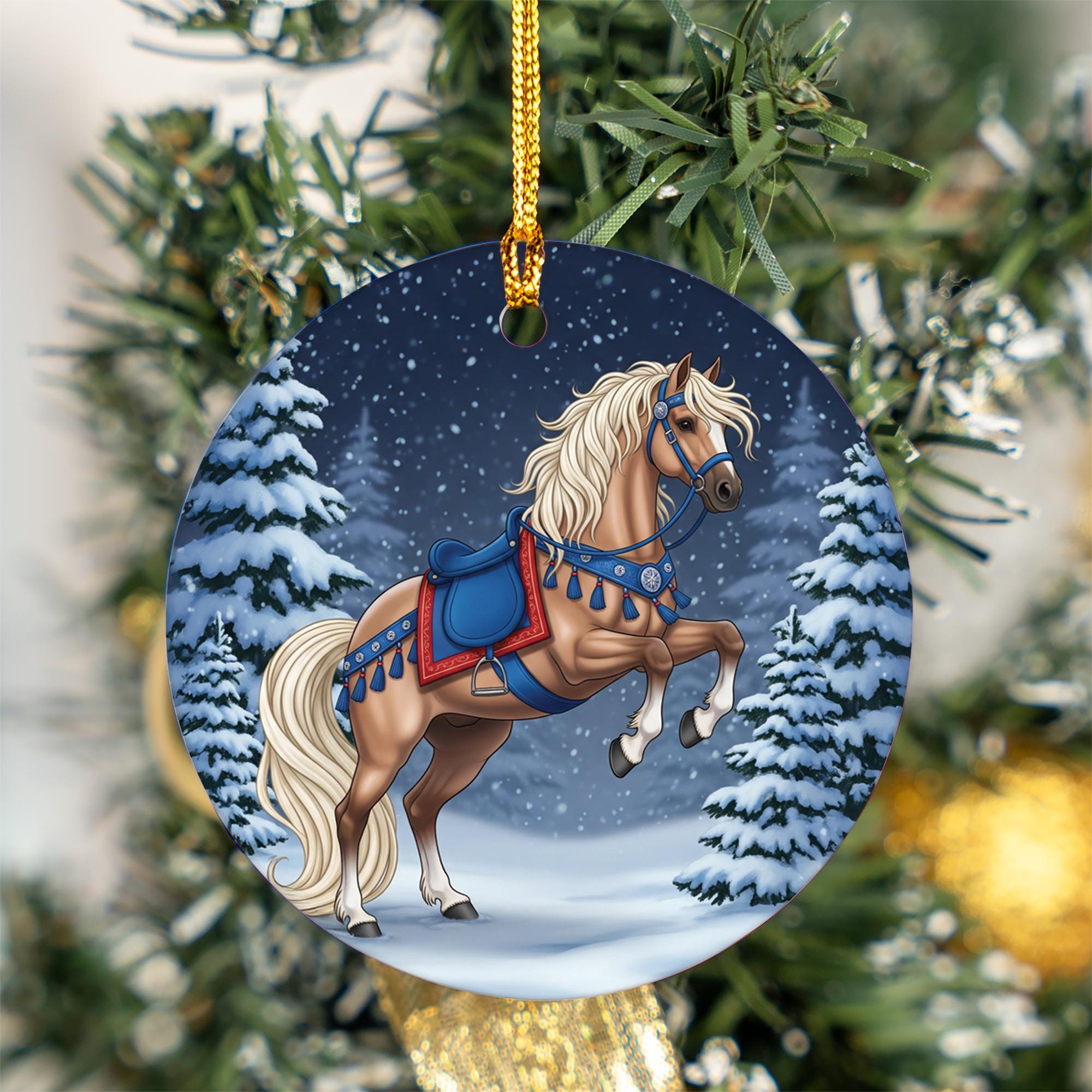 Horse Christmas Ceramic Ornament, Equestrian Holiday Decor, Farm Animal Ornament with Snow Scene, Winter Horse Lover Gift, Rustic Christmas