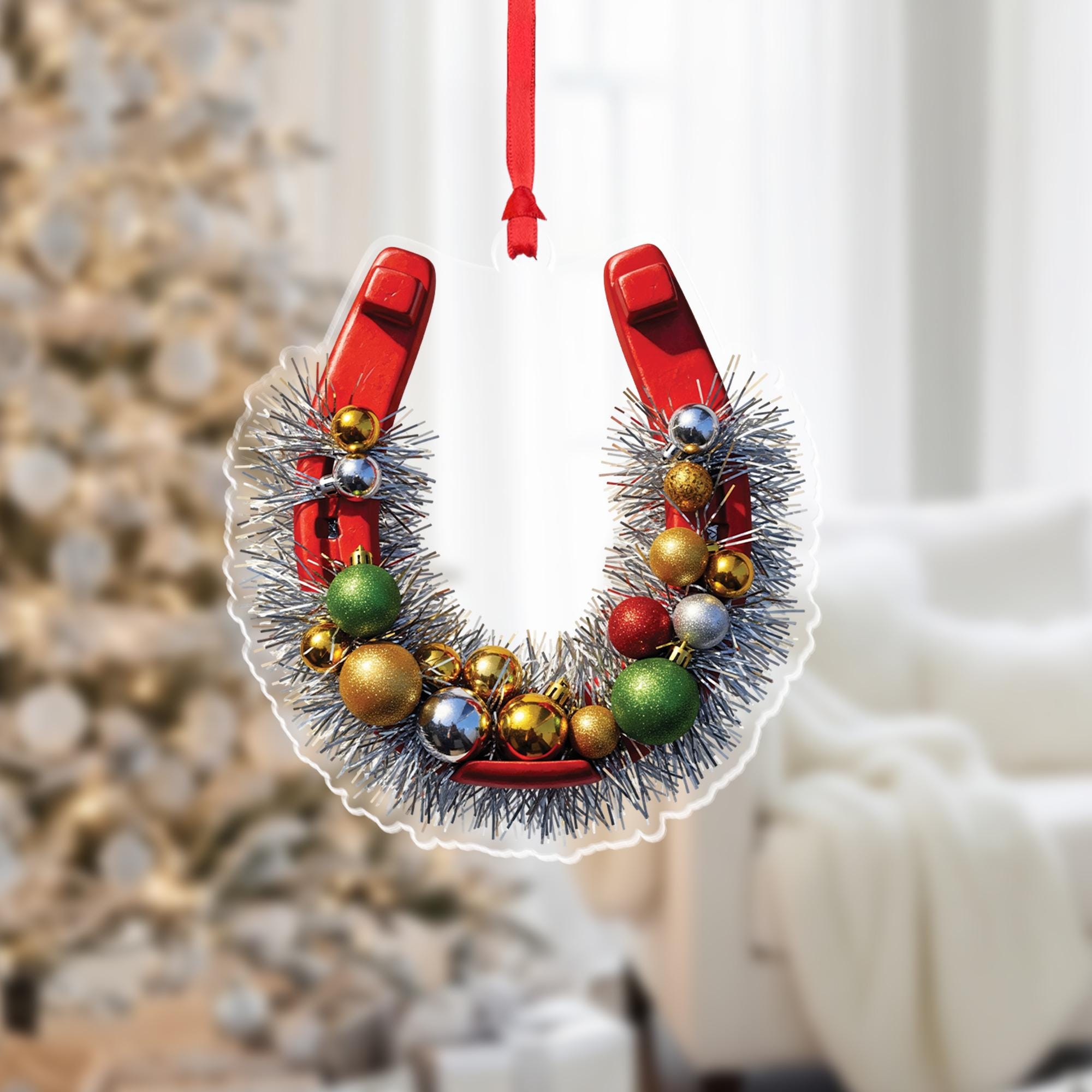 Horseshoe Christmas Ornament, Rustic Farmhouse Holiday Decor, Equestrian Ornament with Tinsel and Baubles, Lucky Christmas Gift