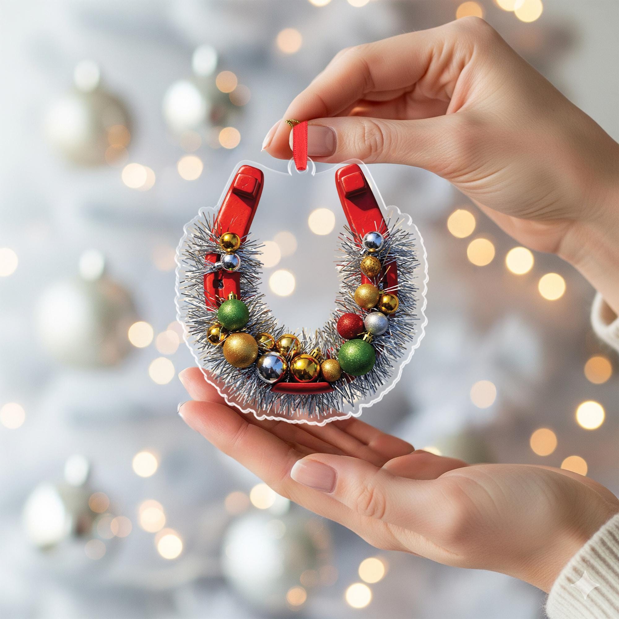 Horseshoe Christmas Ornament, Rustic Farmhouse Holiday Decor, Equestrian Ornament with Tinsel and Baubles, Lucky Christmas Gift