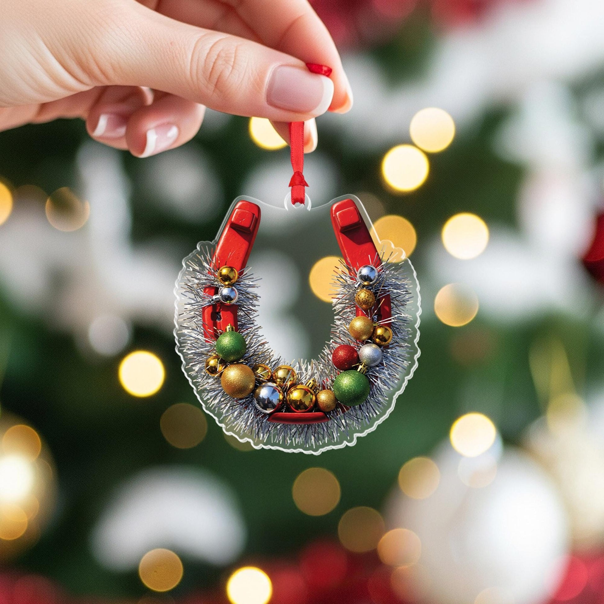 Horseshoe Christmas Ornament, Rustic Farmhouse Holiday Decor, Equestrian Ornament with Tinsel and Baubles, Lucky Christmas Gift