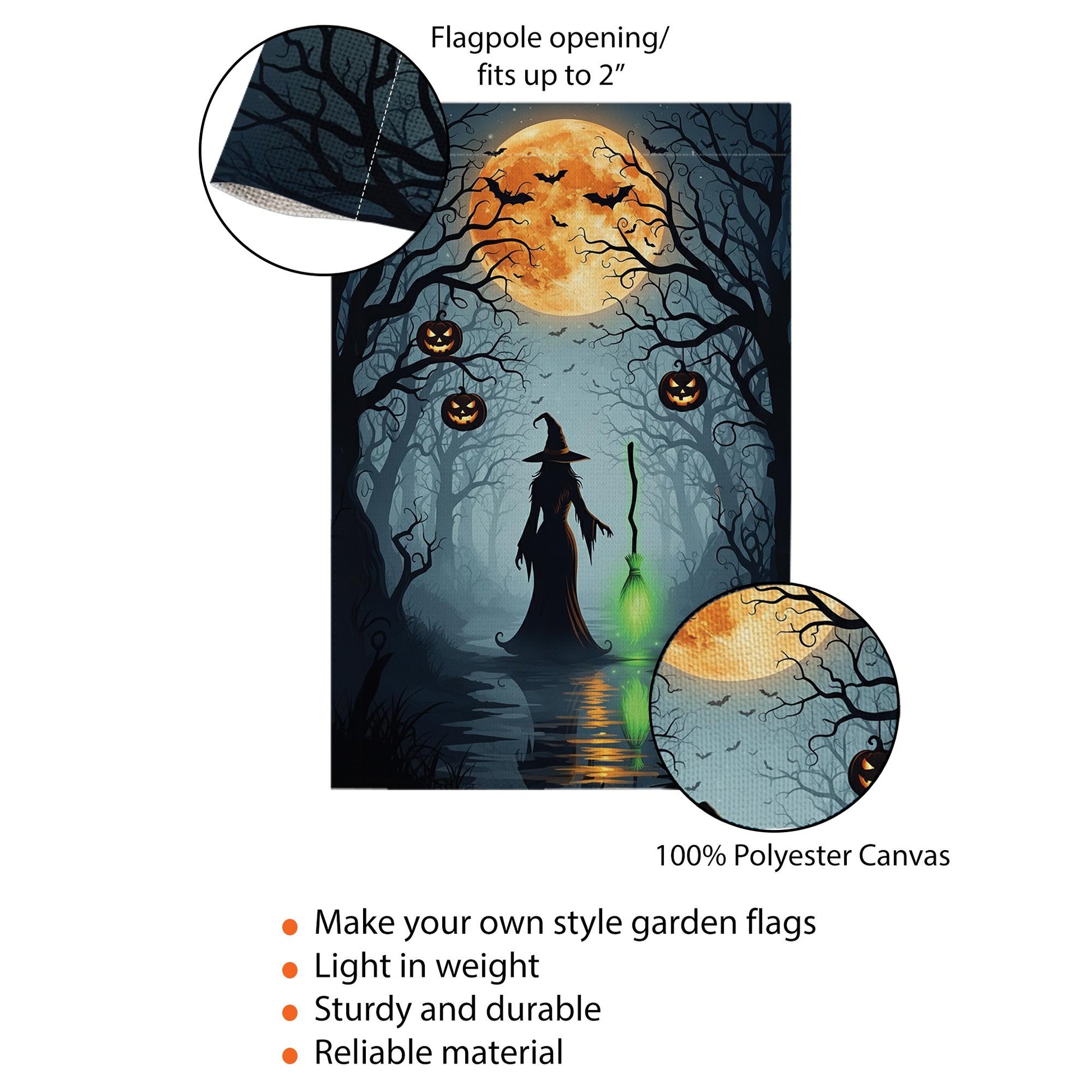 Halloween Witch Garden Flag, Outdoor Yard Decoration with Pumpkins & Full Moon, Spooky Fall Decor, Double Sided Seasonal Banner