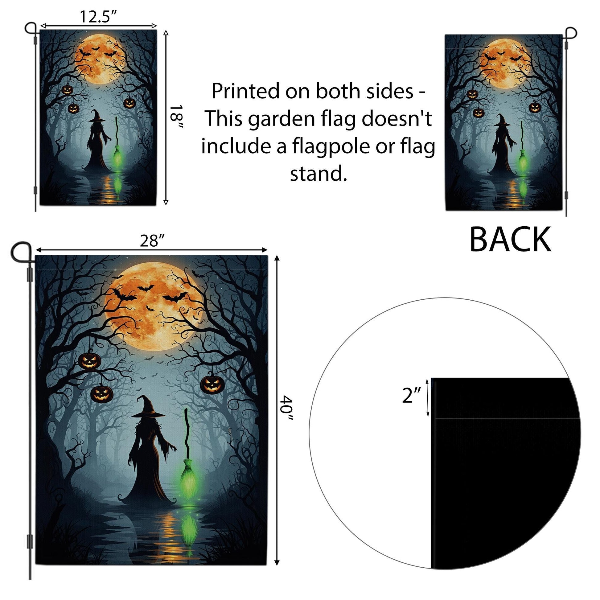 Halloween Witch Garden Flag, Outdoor Yard Decoration with Pumpkins & Full Moon, Spooky Fall Decor, Double Sided Seasonal Banner