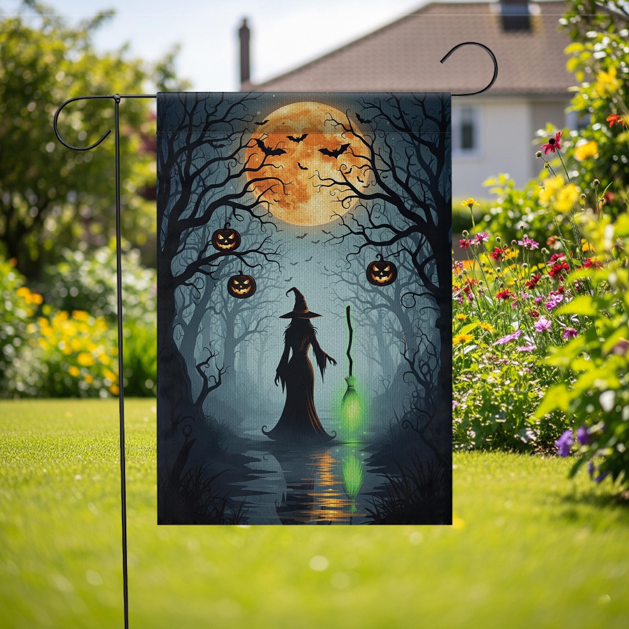 Halloween Witch Garden Flag, Outdoor Yard Decoration with Pumpkins & Full Moon, Spooky Fall Decor, Double Sided Seasonal Banner