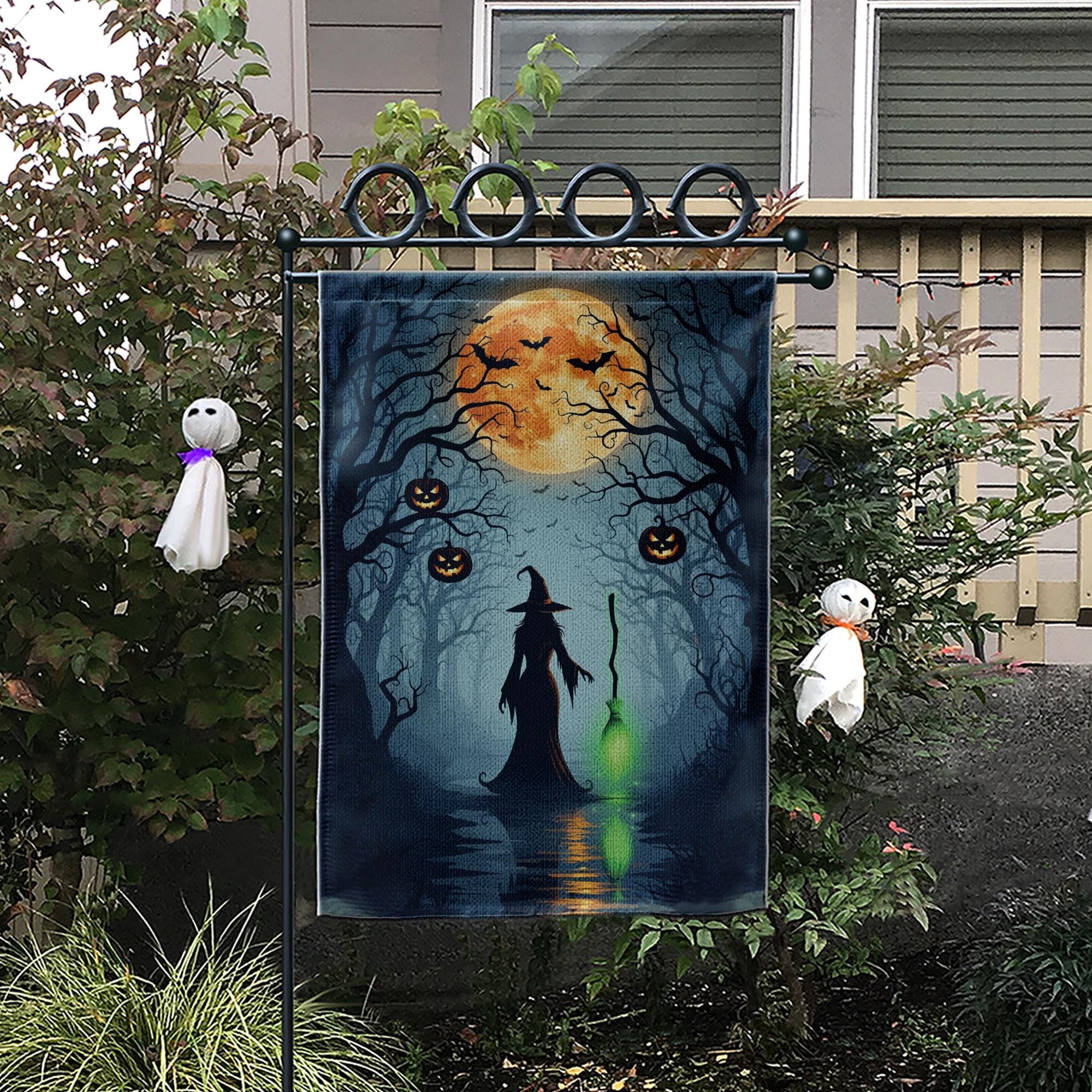 Halloween Witch Garden Flag, Outdoor Yard Decoration with Pumpkins & Full Moon, Spooky Fall Decor, Double Sided Seasonal Banner