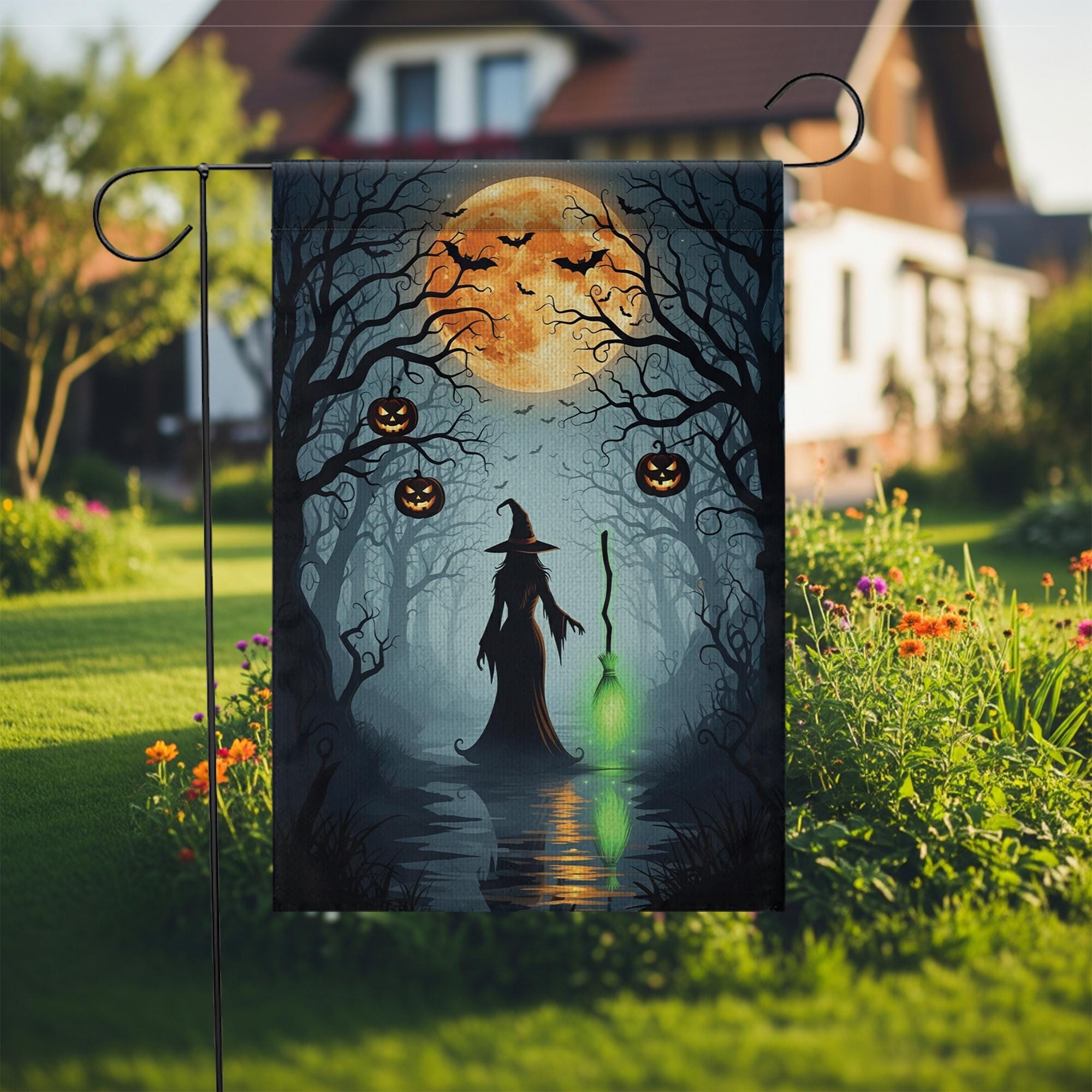 Halloween Witch Garden Flag, Outdoor Yard Decoration with Pumpkins & Full Moon, Spooky Fall Decor, Double Sided Seasonal Banner