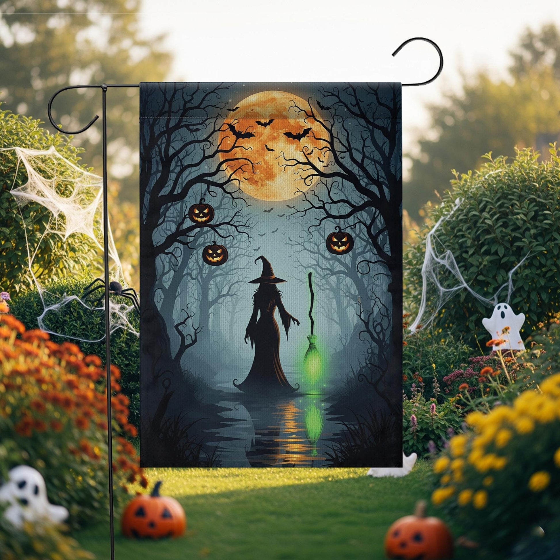 Halloween Witch Garden Flag, Outdoor Yard Decoration with Pumpkins & Full Moon, Spooky Fall Decor, Double Sided Seasonal Banner