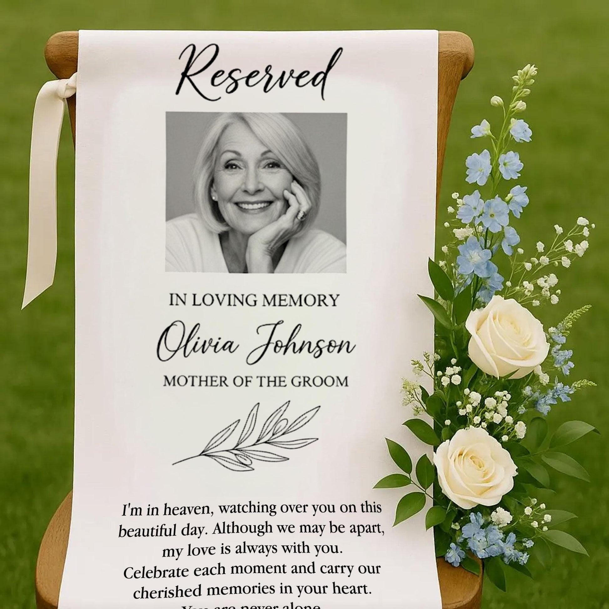 In Loving Memory Wedding Banner – Personalized Memorial Chair Sign with Photo, Name & Relation