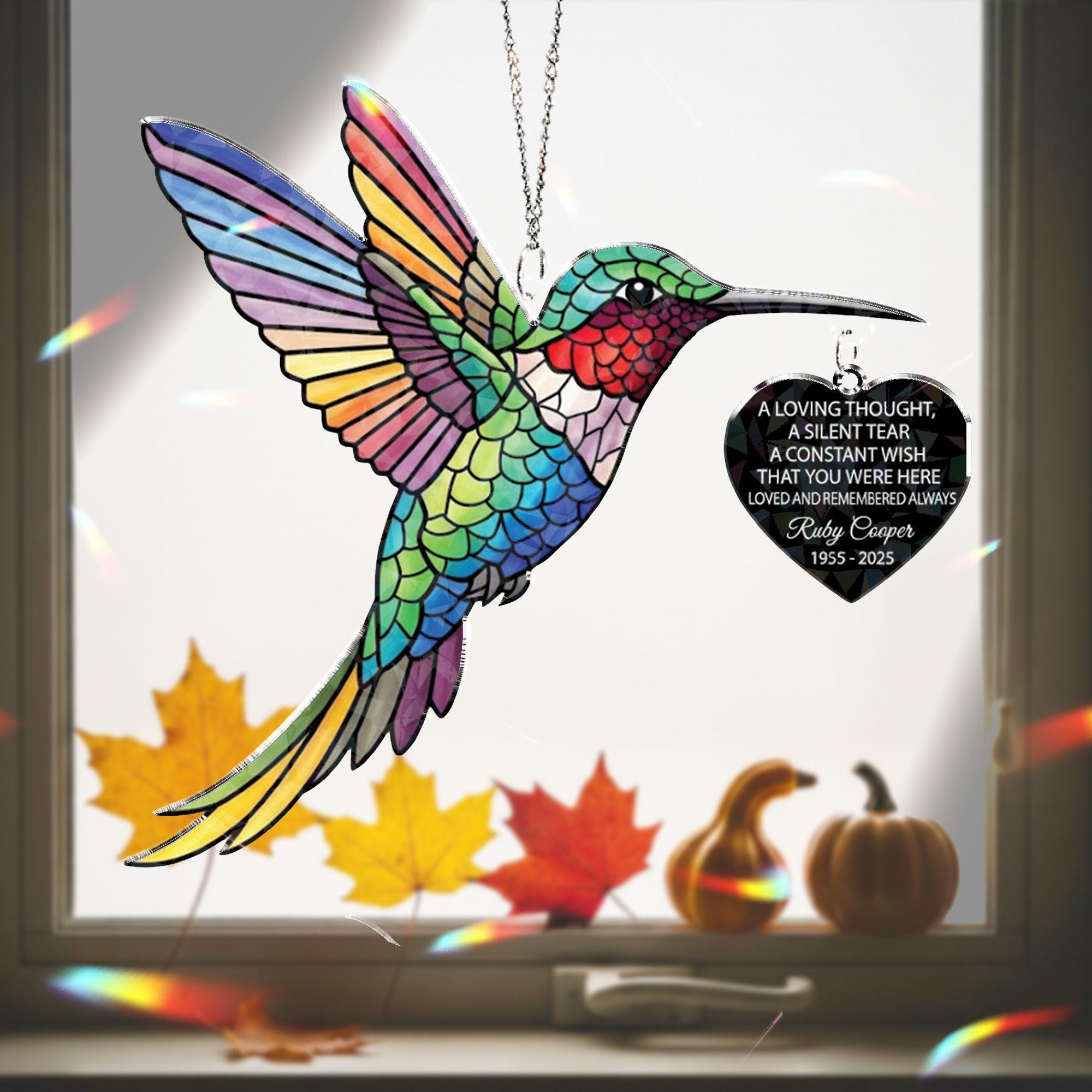 Holographic Hummingbird Memorial Acrylic Suncatcher – Personalized In Loving Memory Gift with Name & Dates