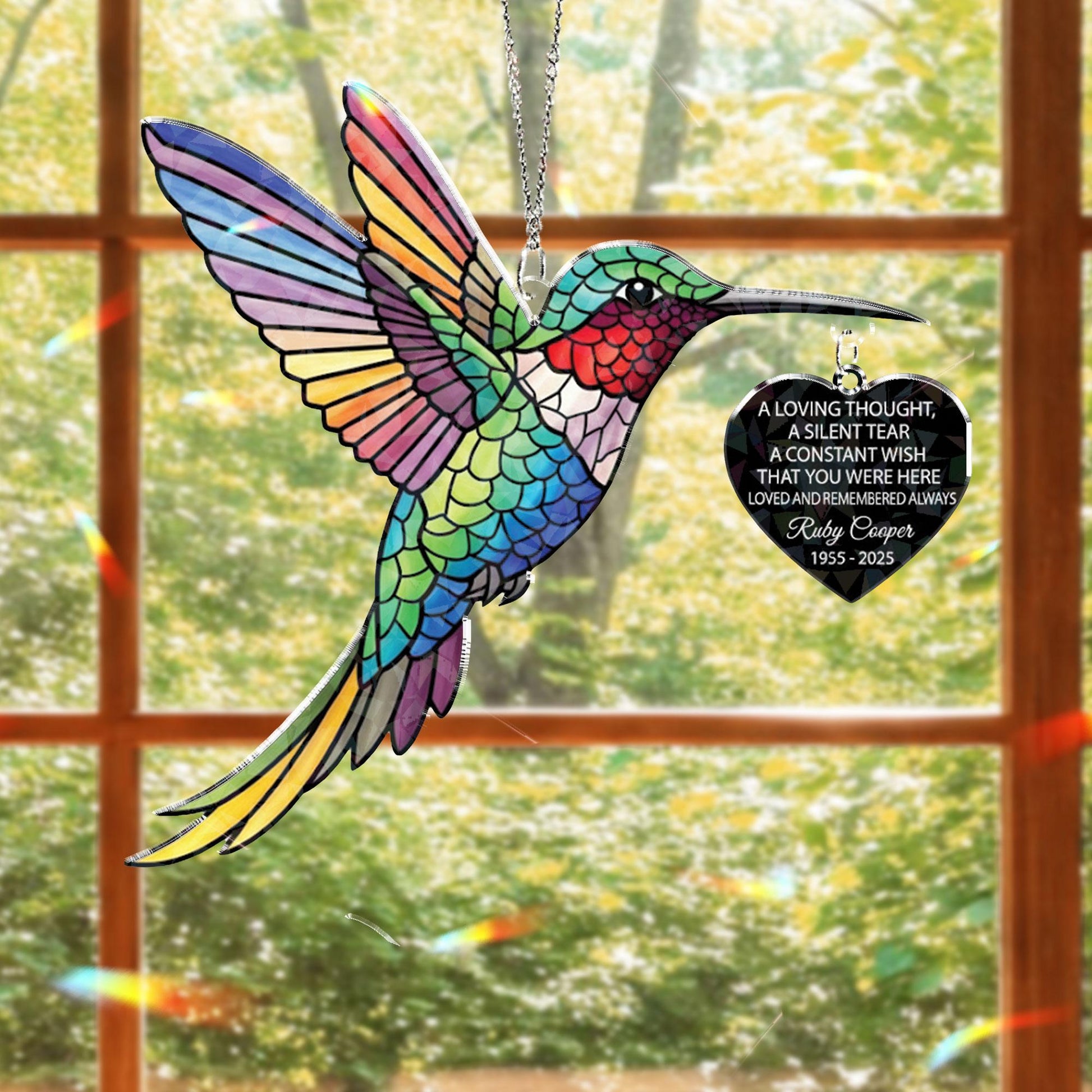 Holographic Hummingbird Memorial Acrylic Suncatcher – Personalized In Loving Memory Gift with Name & Dates