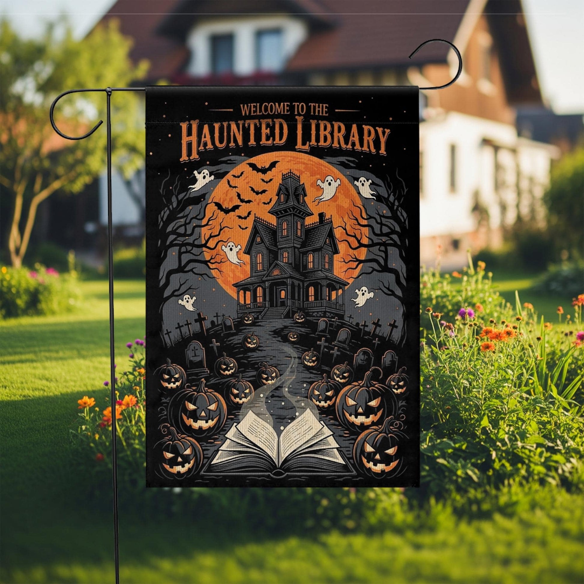 Haunted Library Garden Flag | Halloween Ghost Pumpkin Yard Sign | Spooky Haunted House Outdoor Decor | Scary Book Lover Banner