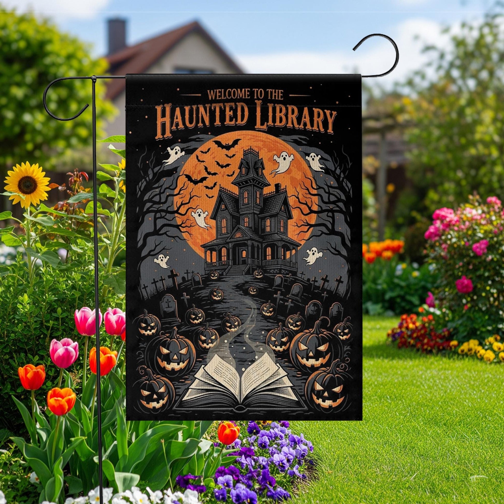 Haunted Library Garden Flag | Halloween Ghost Pumpkin Yard Sign | Spooky Haunted House Outdoor Decor | Scary Book Lover Banner