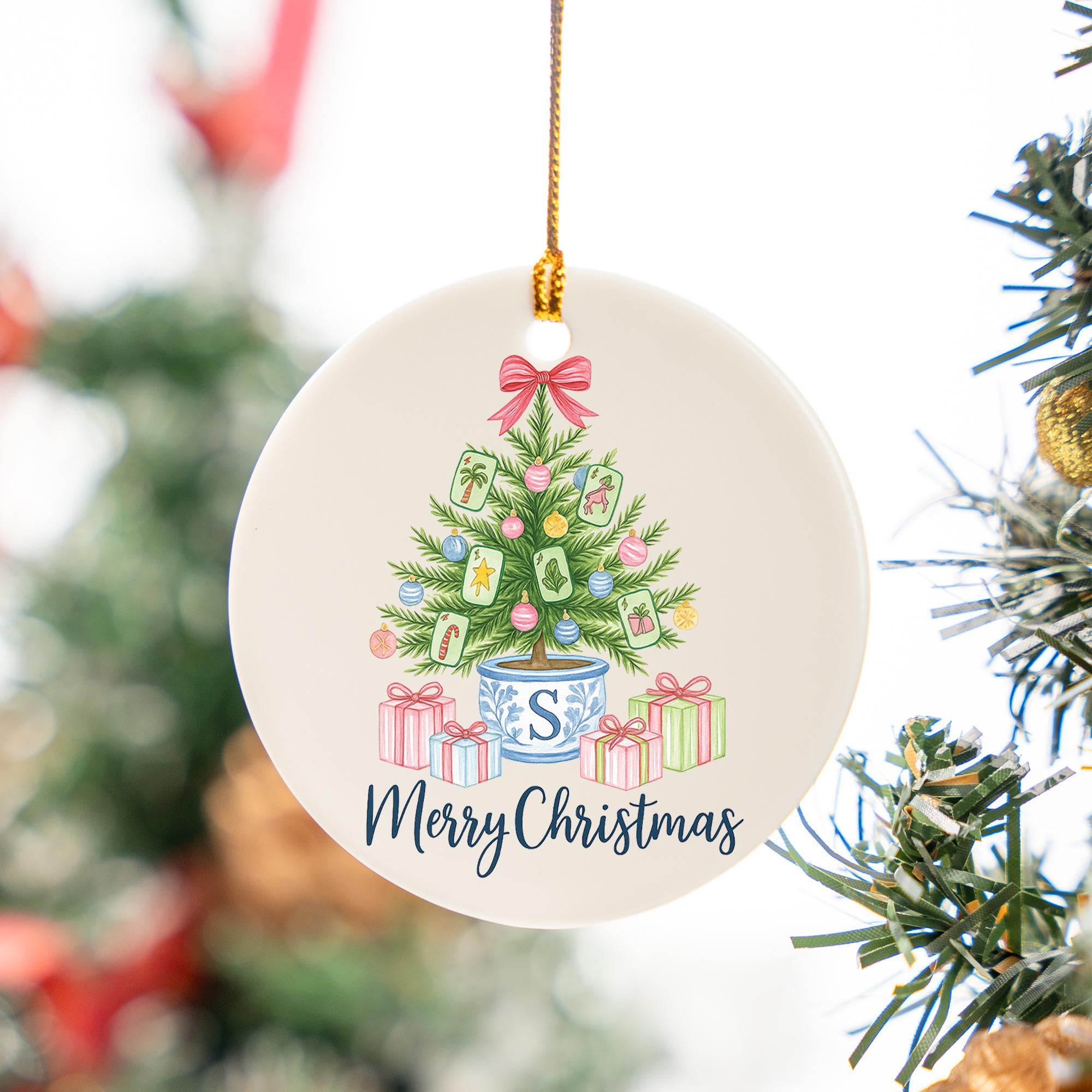 Custom Chinoiserie Mahjong Ornament | Personalized Blue and White Ceramic Christmas Tree Decoration | Mahjong Lover Holiday Gift