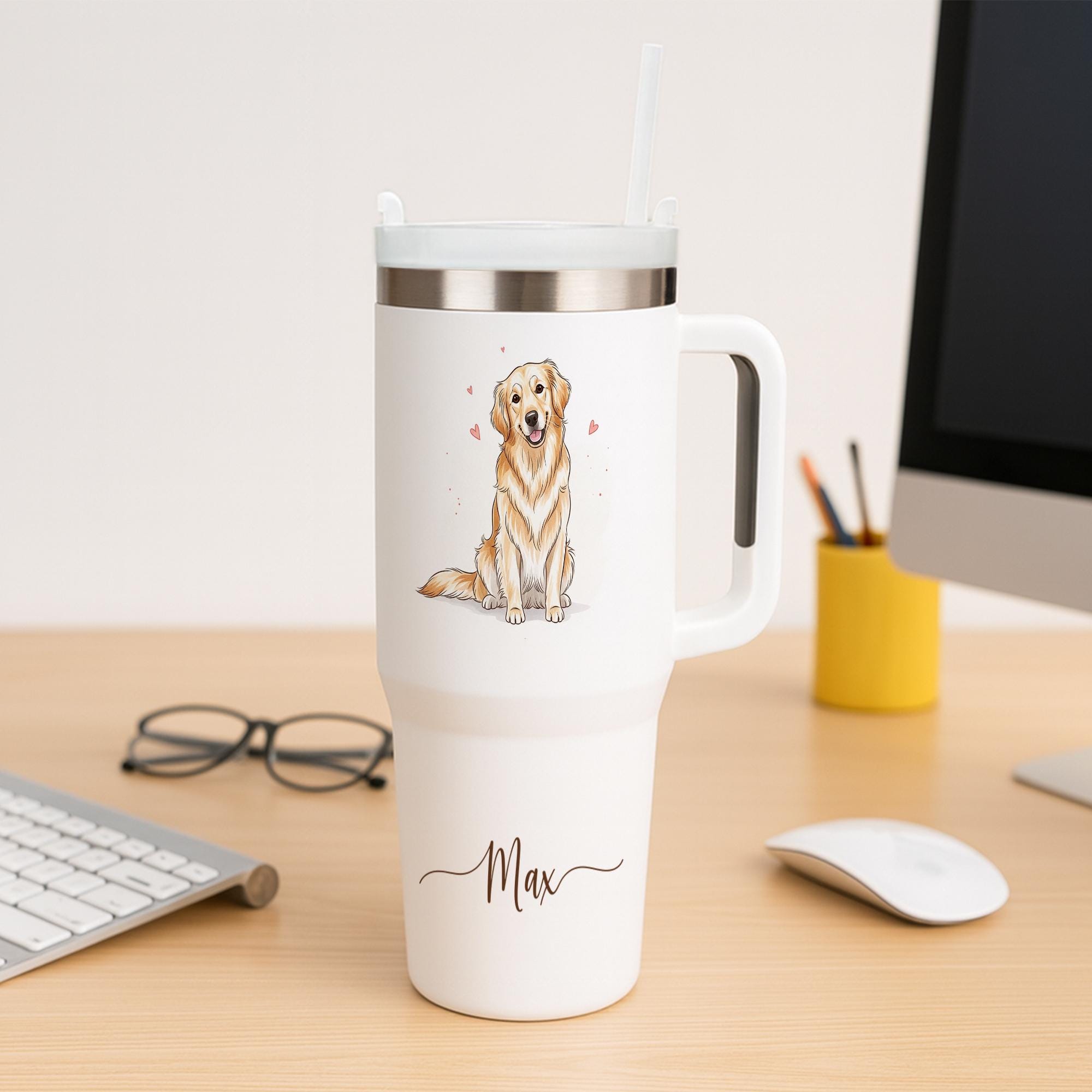 Personalized Dog Tumbler with Straw, Custom Pet Portrait Cup with Name, Golden Retriever Gift for Dog Lovers, Insulated Travel Mug