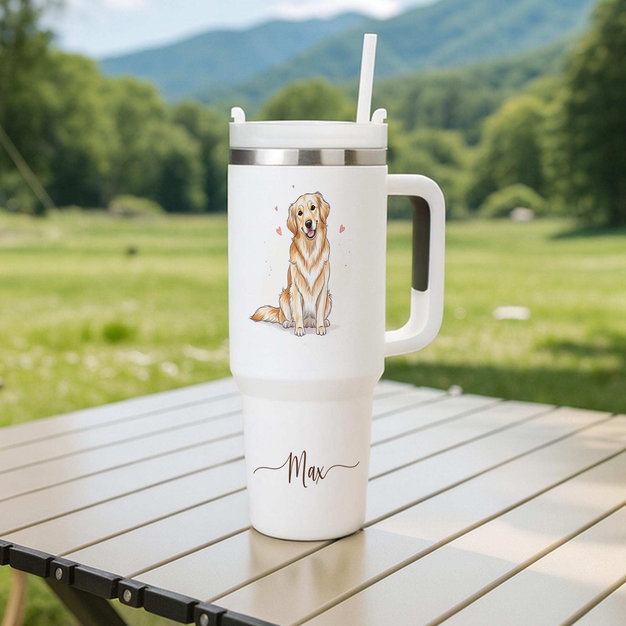 Personalized Dog Tumbler with Straw, Custom Pet Portrait Cup with Name, Golden Retriever Gift for Dog Lovers, Insulated Travel Mug