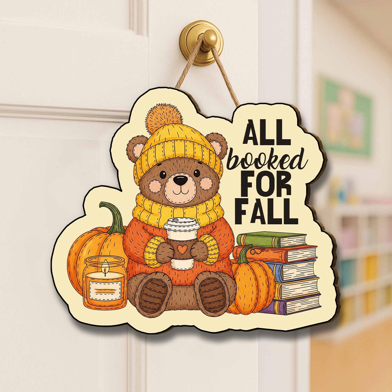 Fall Bear Door Hanger – Autumn Pumpkin Book Lover Wall Sign, Cozy Rustic Farmhouse Porch Decor, Cute Bear Coffee Door Decoration