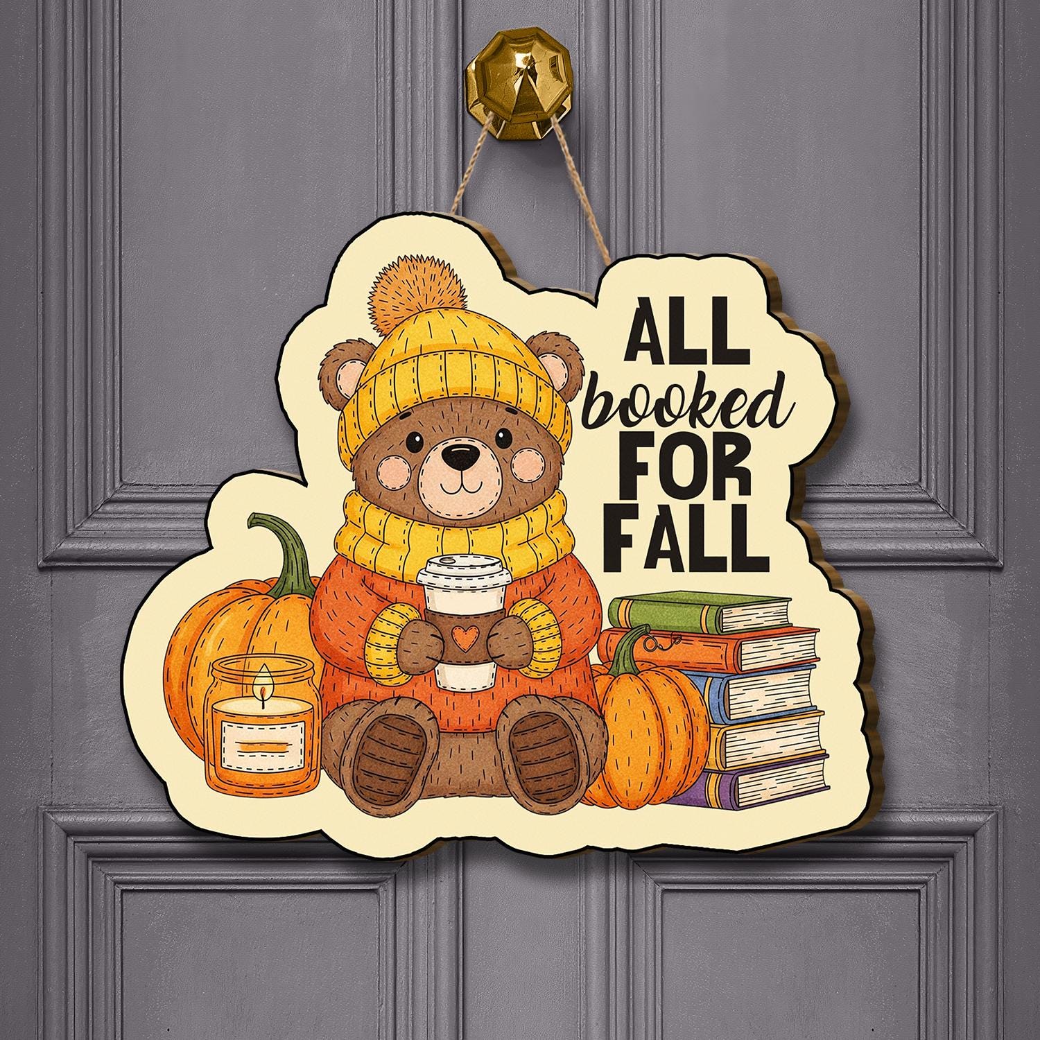 Fall Bear Door Hanger – Autumn Pumpkin Book Lover Wall Sign, Cozy Rustic Farmhouse Porch Decor, Cute Bear Coffee Door Decoration