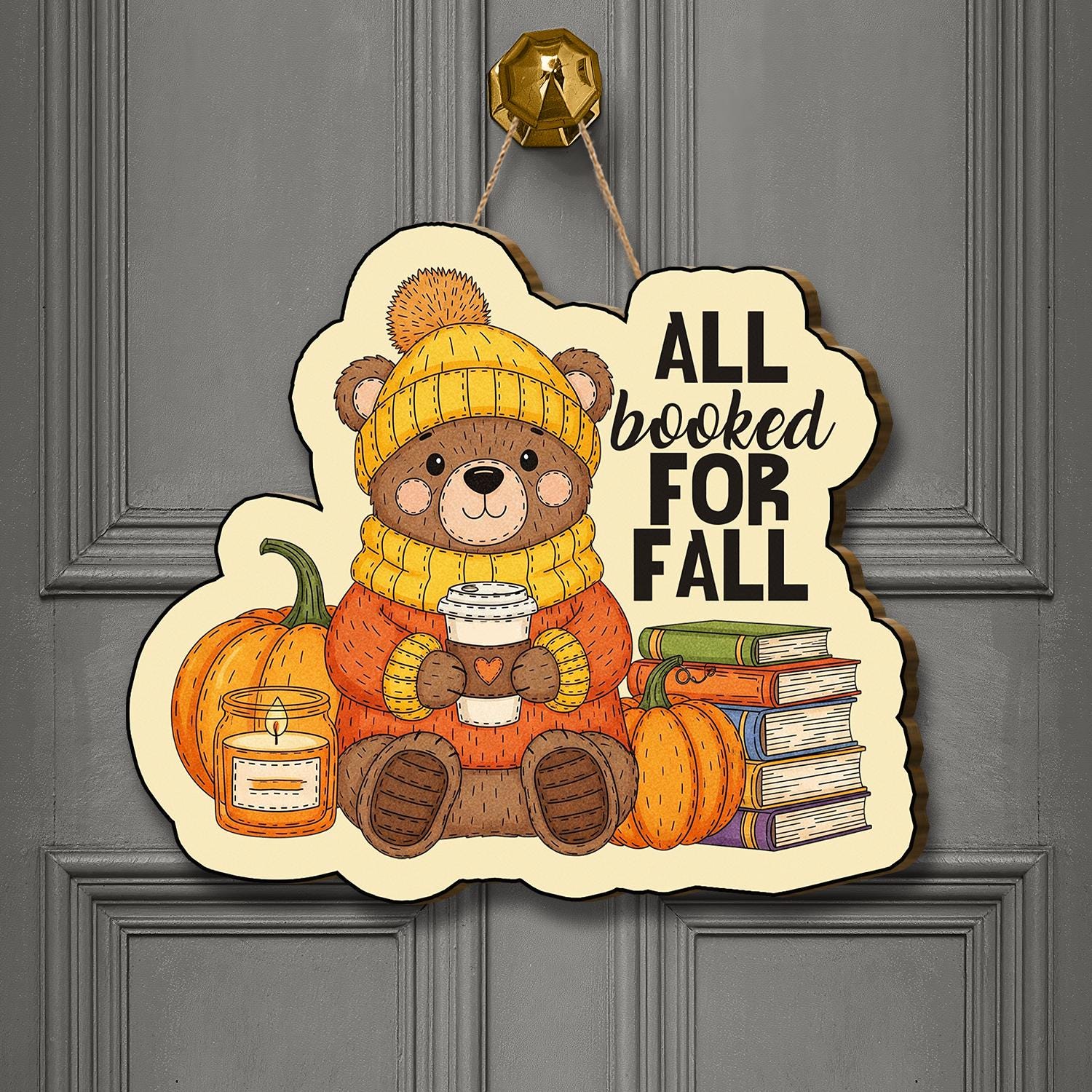Fall Bear Door Hanger – Autumn Pumpkin Book Lover Wall Sign, Cozy Rustic Farmhouse Porch Decor, Cute Bear Coffee Door Decoration