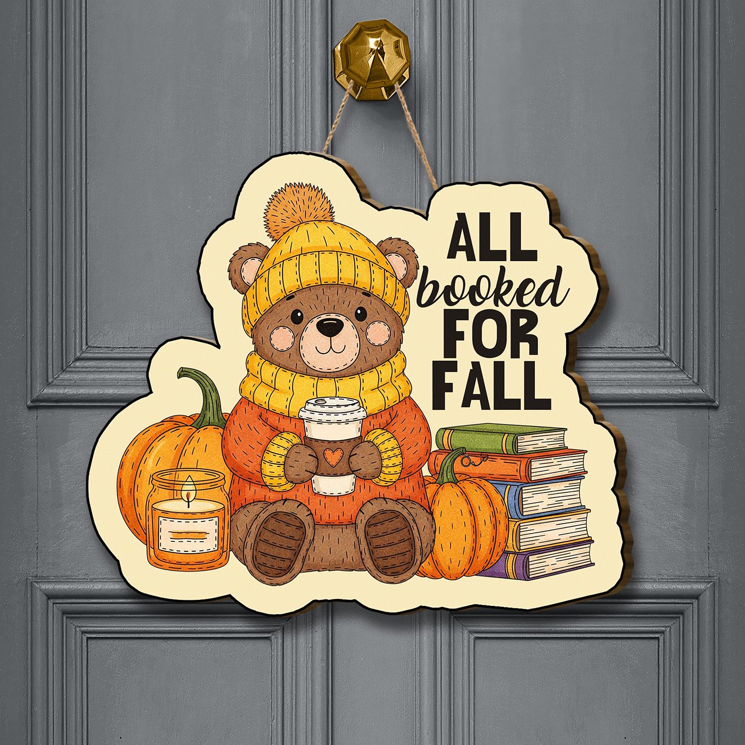 Fall Bear Door Hanger – Autumn Pumpkin Book Lover Wall Sign, Cozy Rustic Farmhouse Porch Decor, Cute Bear Coffee Door Decoration